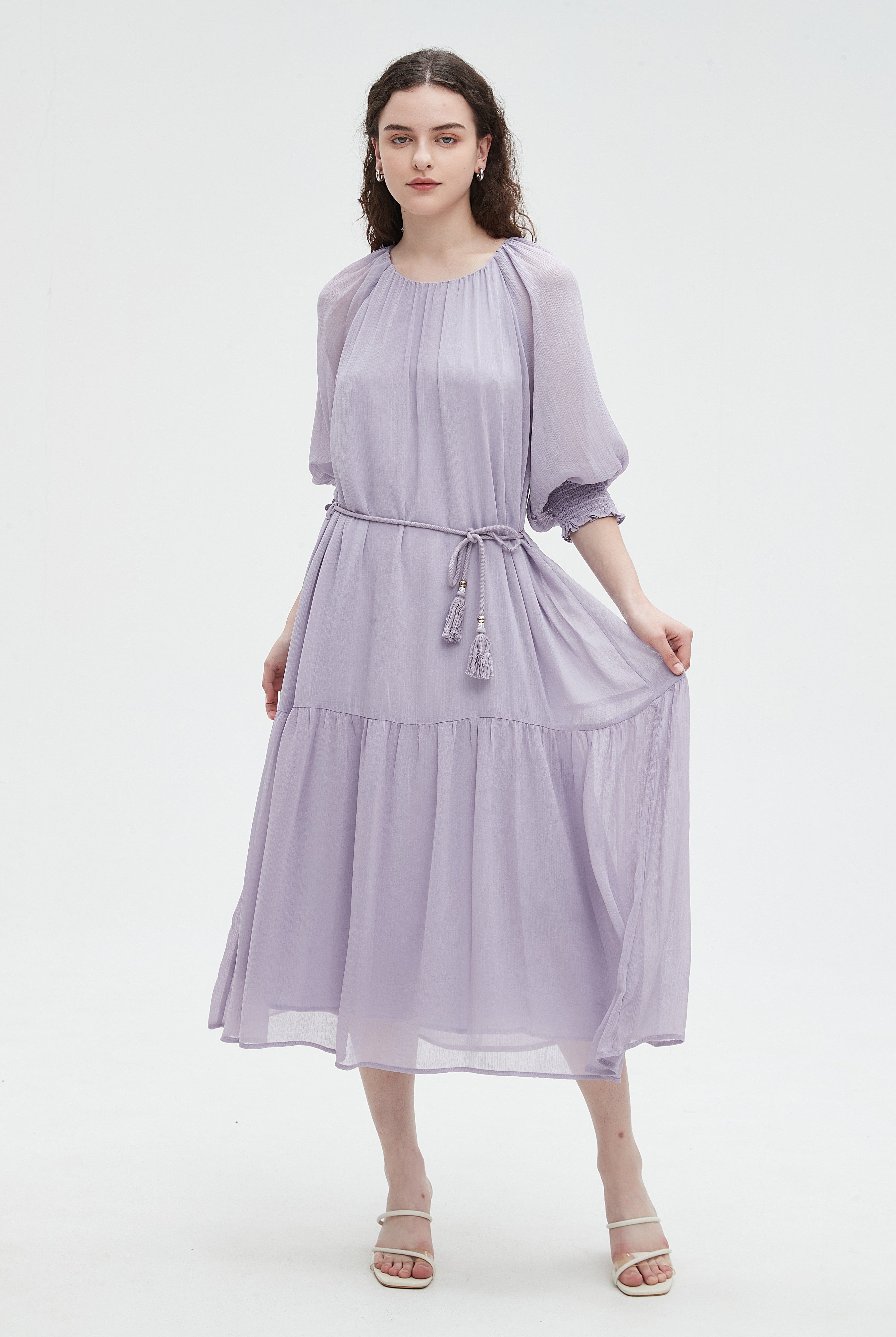 نتشي فستان ميدي 3/4 كم برباط عالخصر