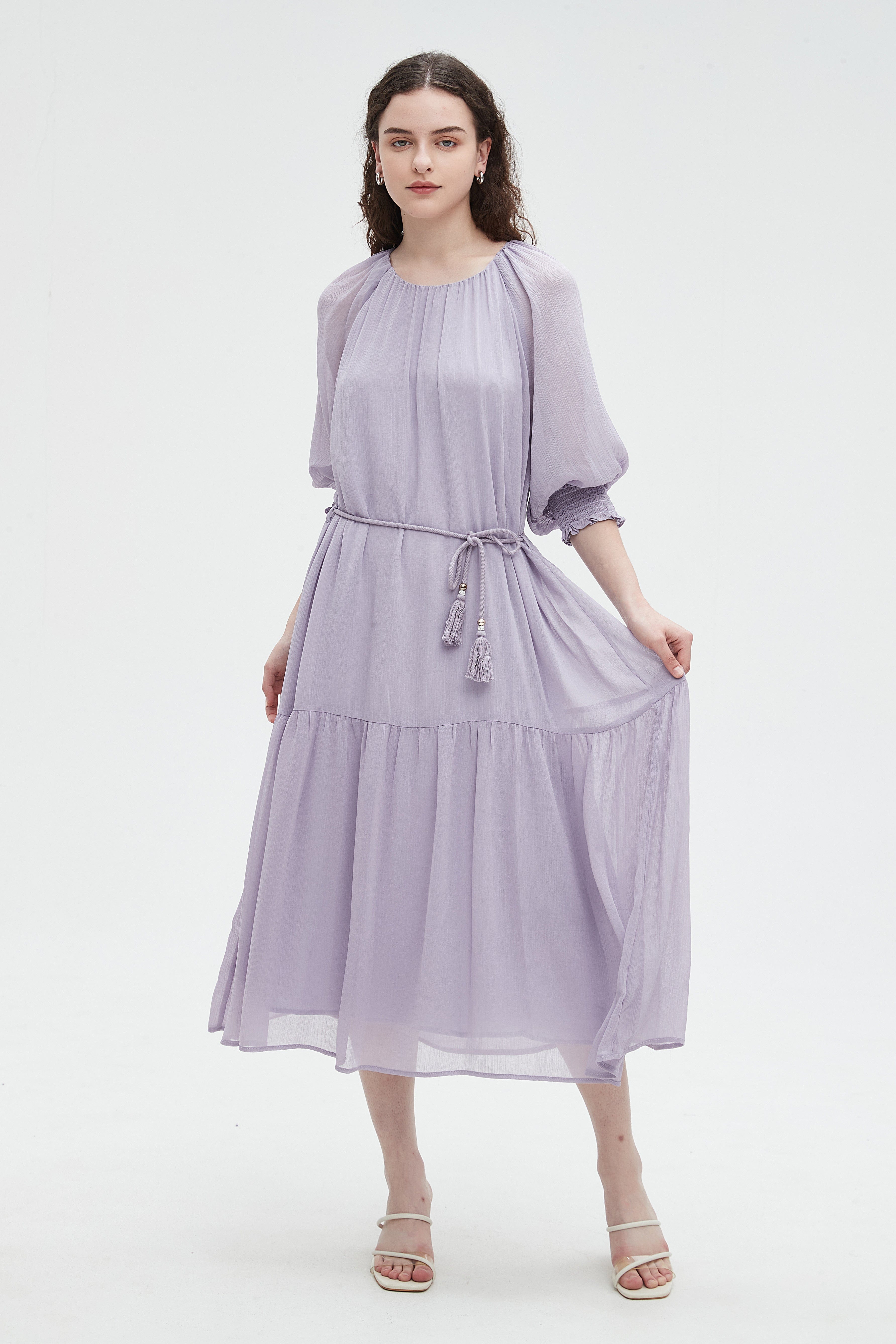 نتشي فستان ميدي 3/4 كم برباط عالخصر