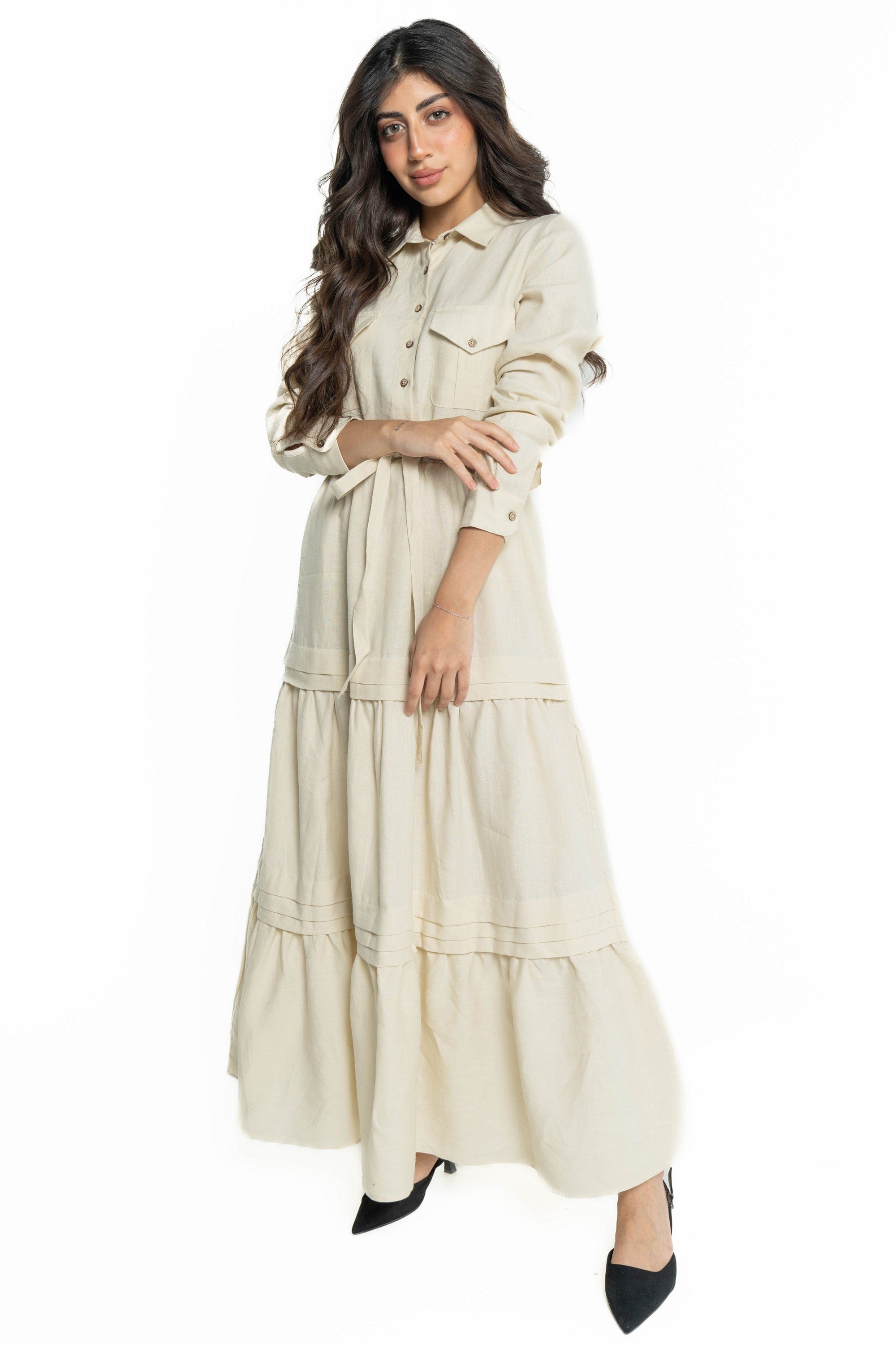 داليدرس فستان نسائي ماكسي بجيوب على الصدر بيج