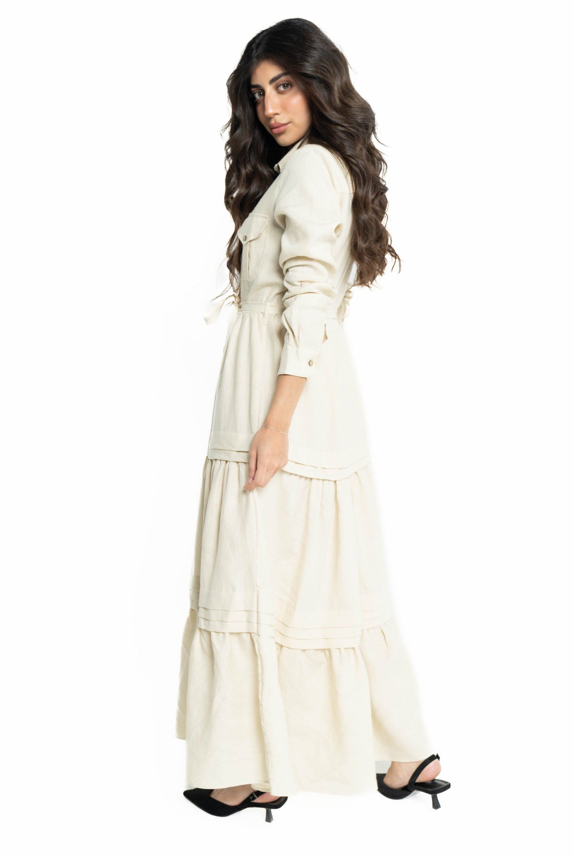 داليدرس فستان نسائي ماكسي بجيوب على الصدر بيج