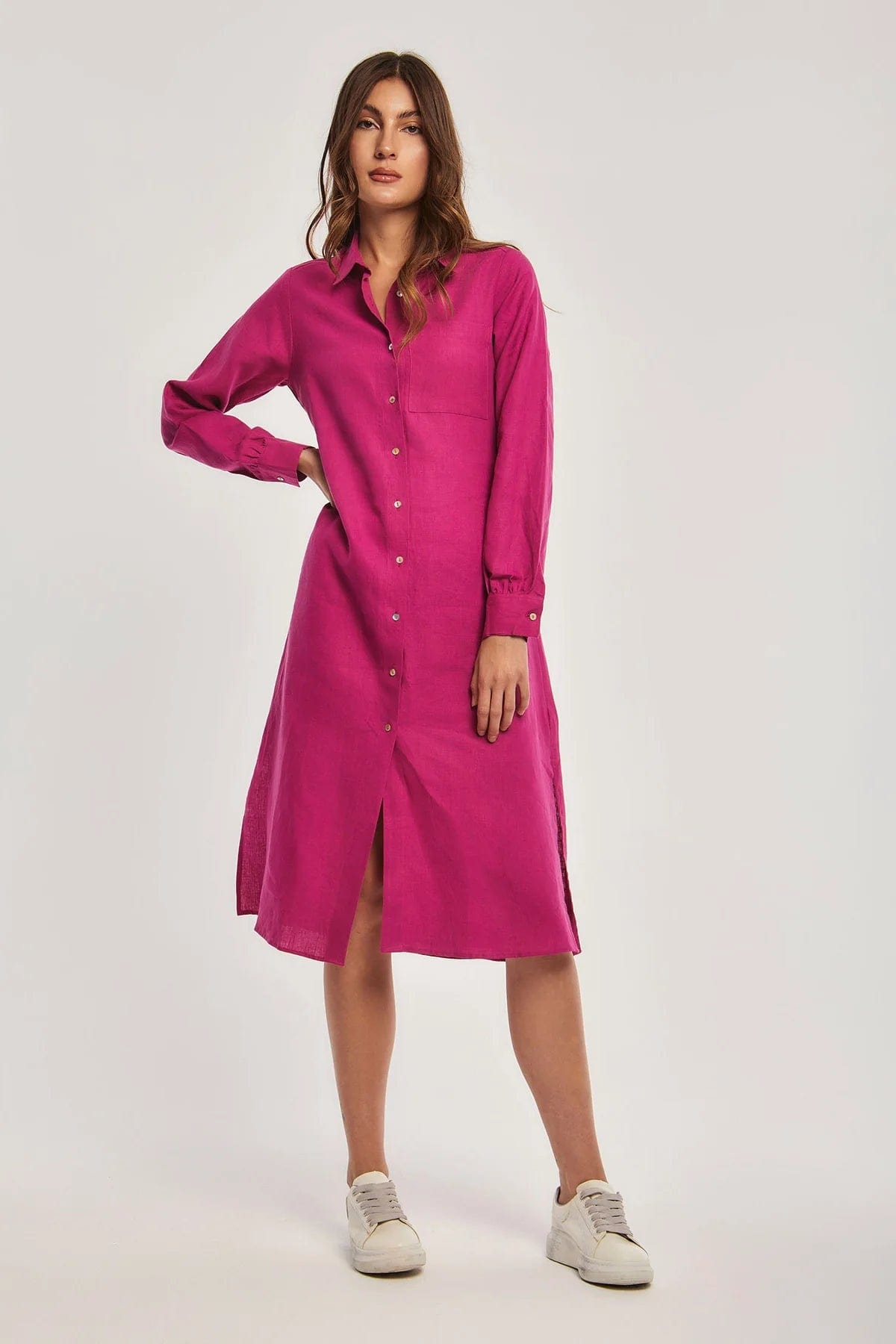 داليدرس فستان ميدي بأزرار أمامية كم طويل نسائي