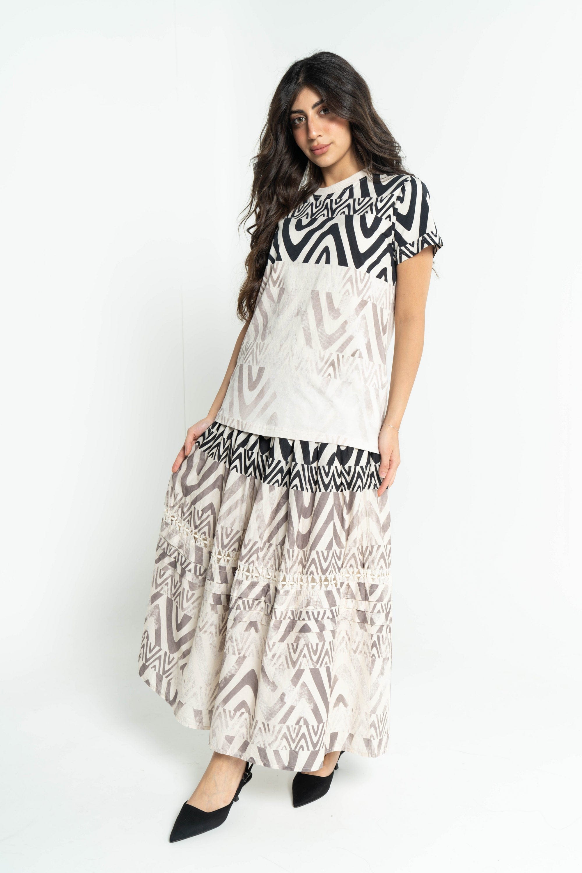 داليدرس تنورة نسائية طوبلة مطبوعة أسود