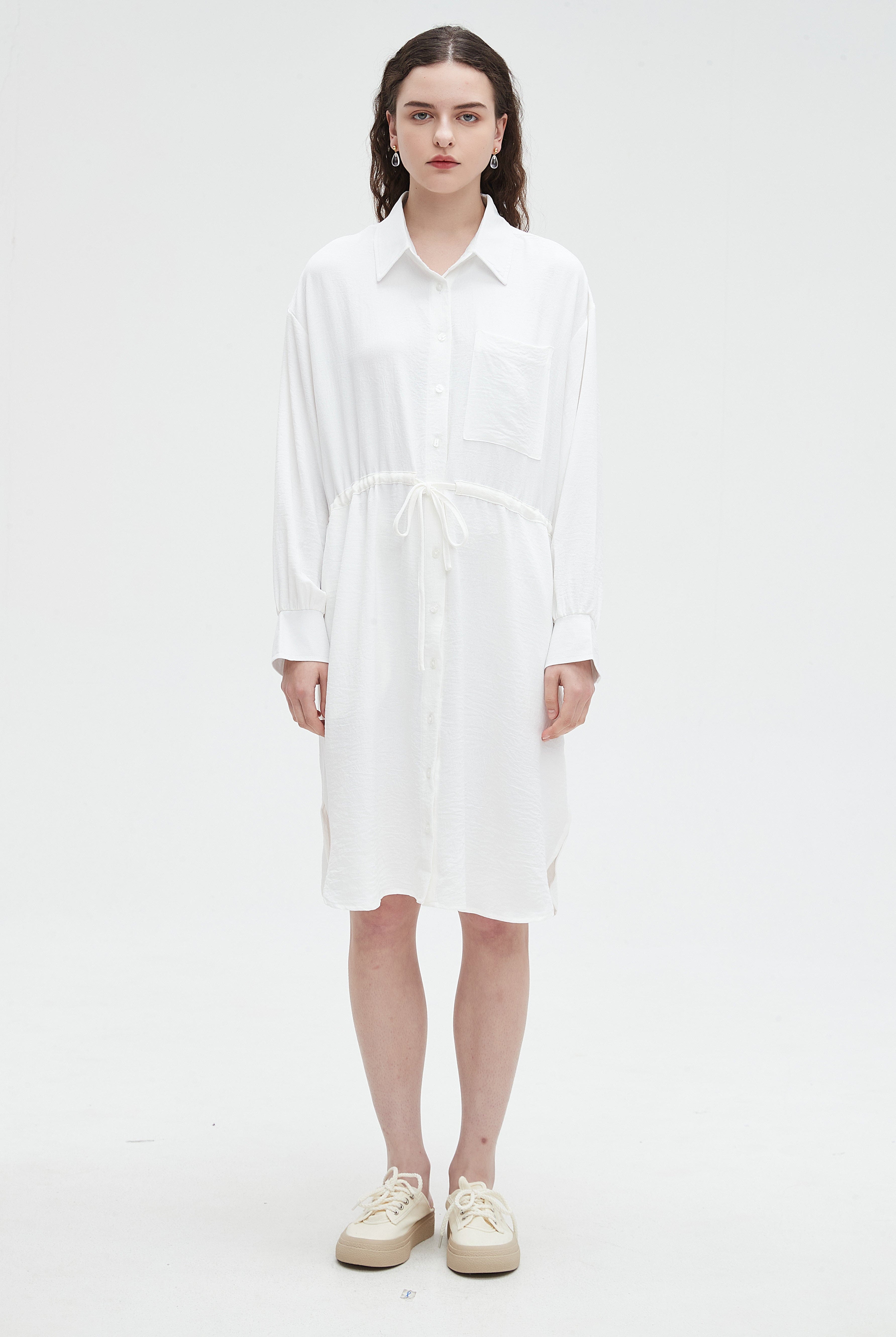 نتشي فستان نسائي ميدي بأكمام طويلة ورباط على الخصر سادة