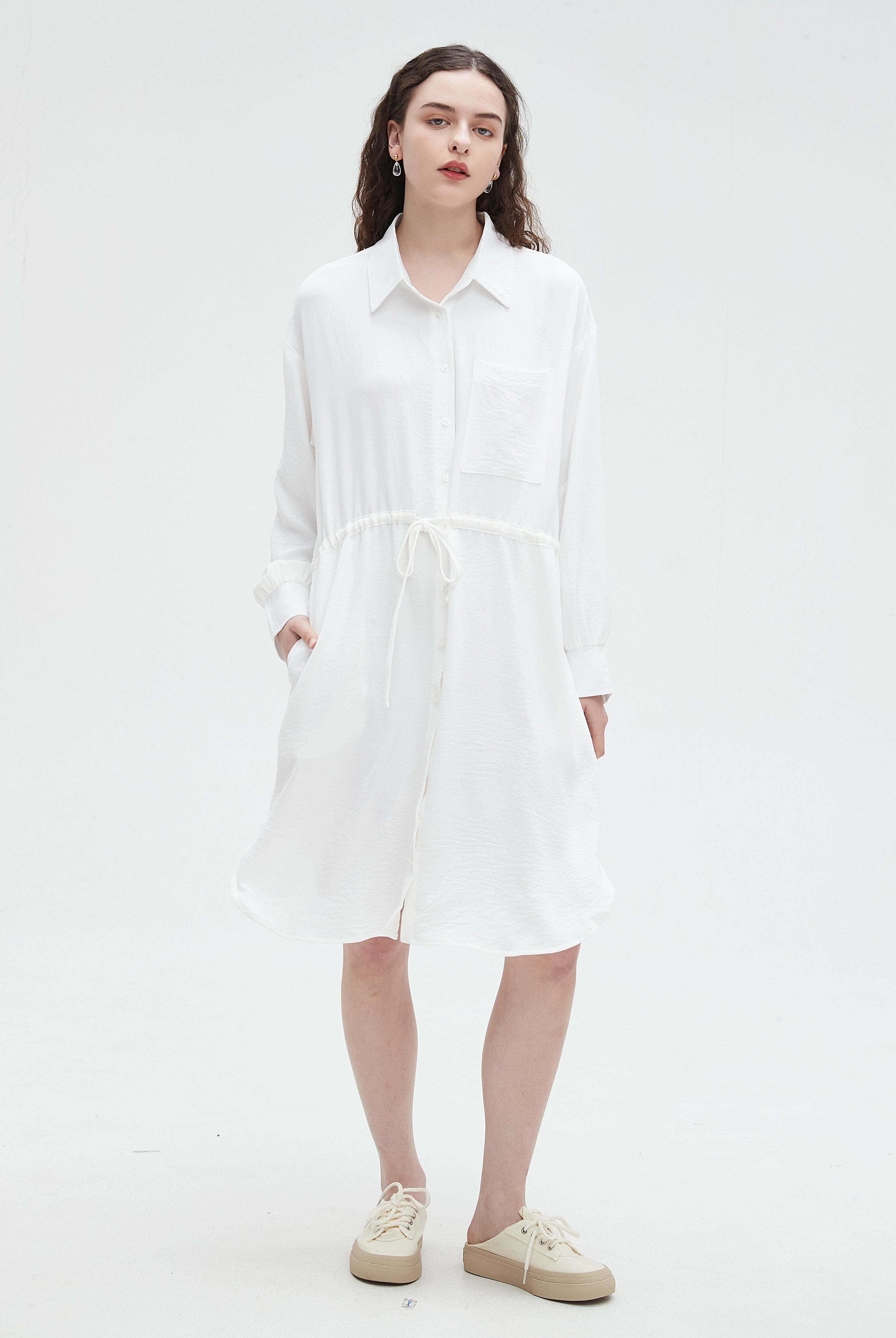 نتشي فستان نسائي ميدي بأكمام طويلة ورباط على الخصر سادة