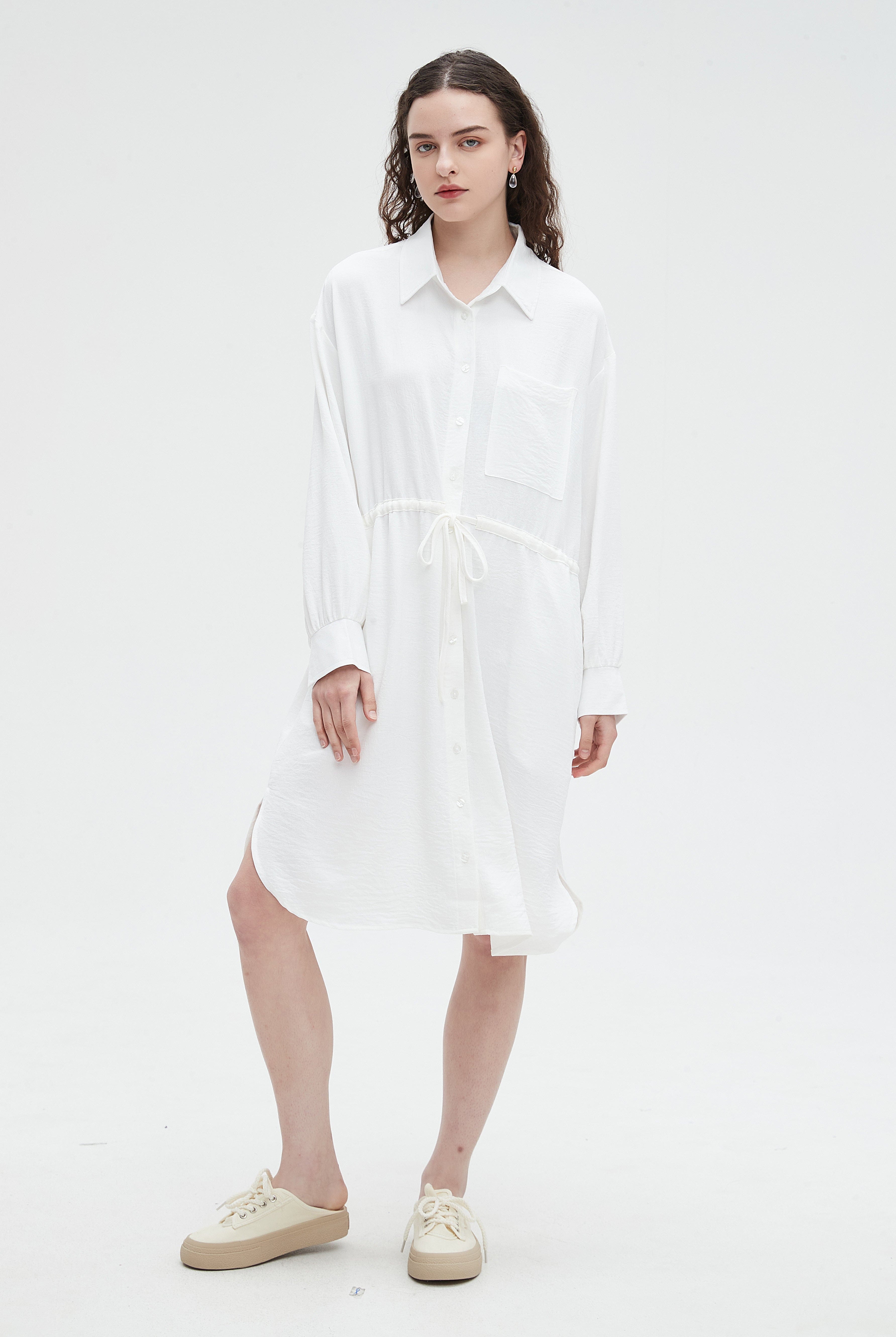 نتشي فستان نسائي ميدي بأكمام طويلة ورباط على الخصر سادة