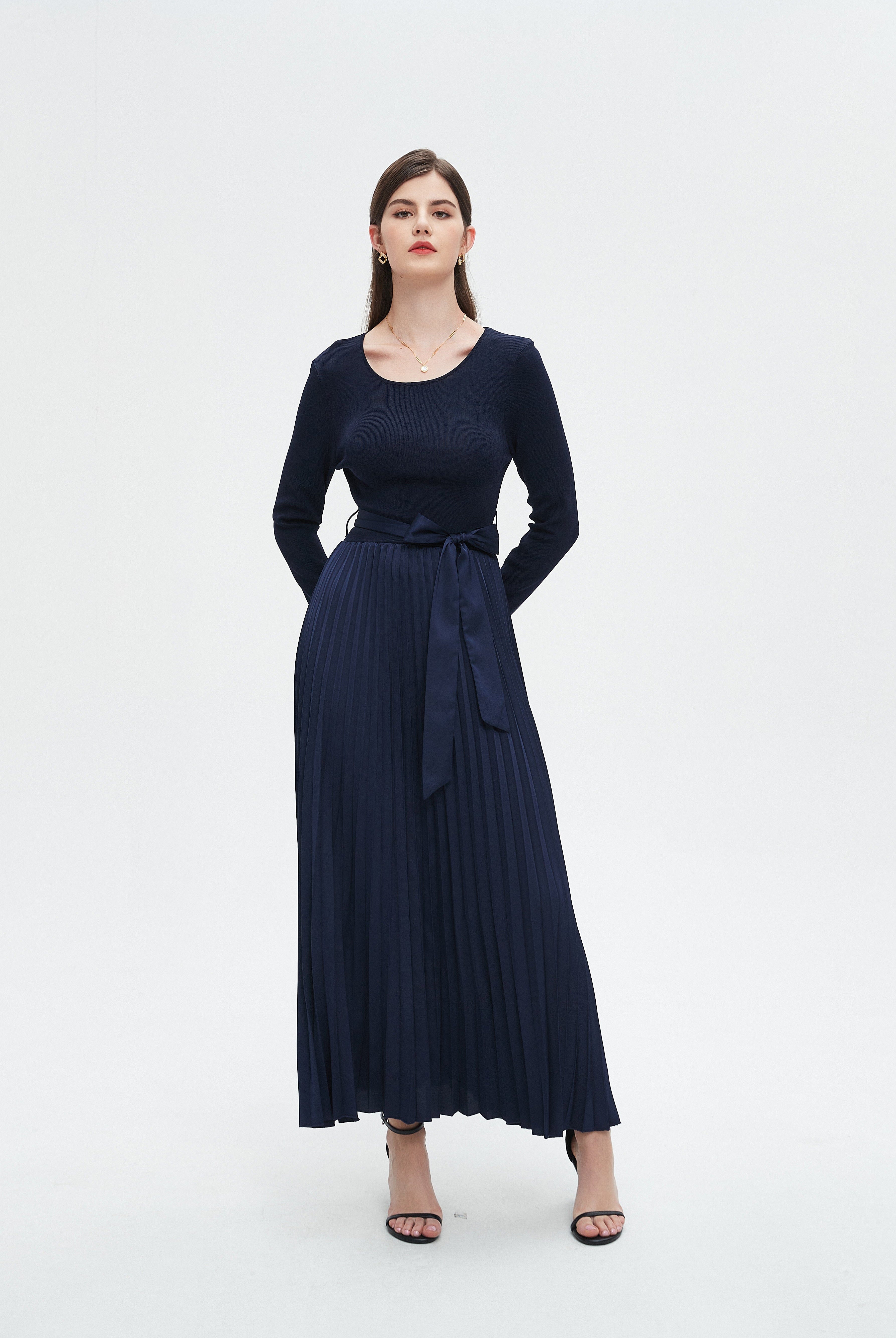 نتشي فستان نسائي طويل نصف كشكش ورباط على الخصر بكم طويل