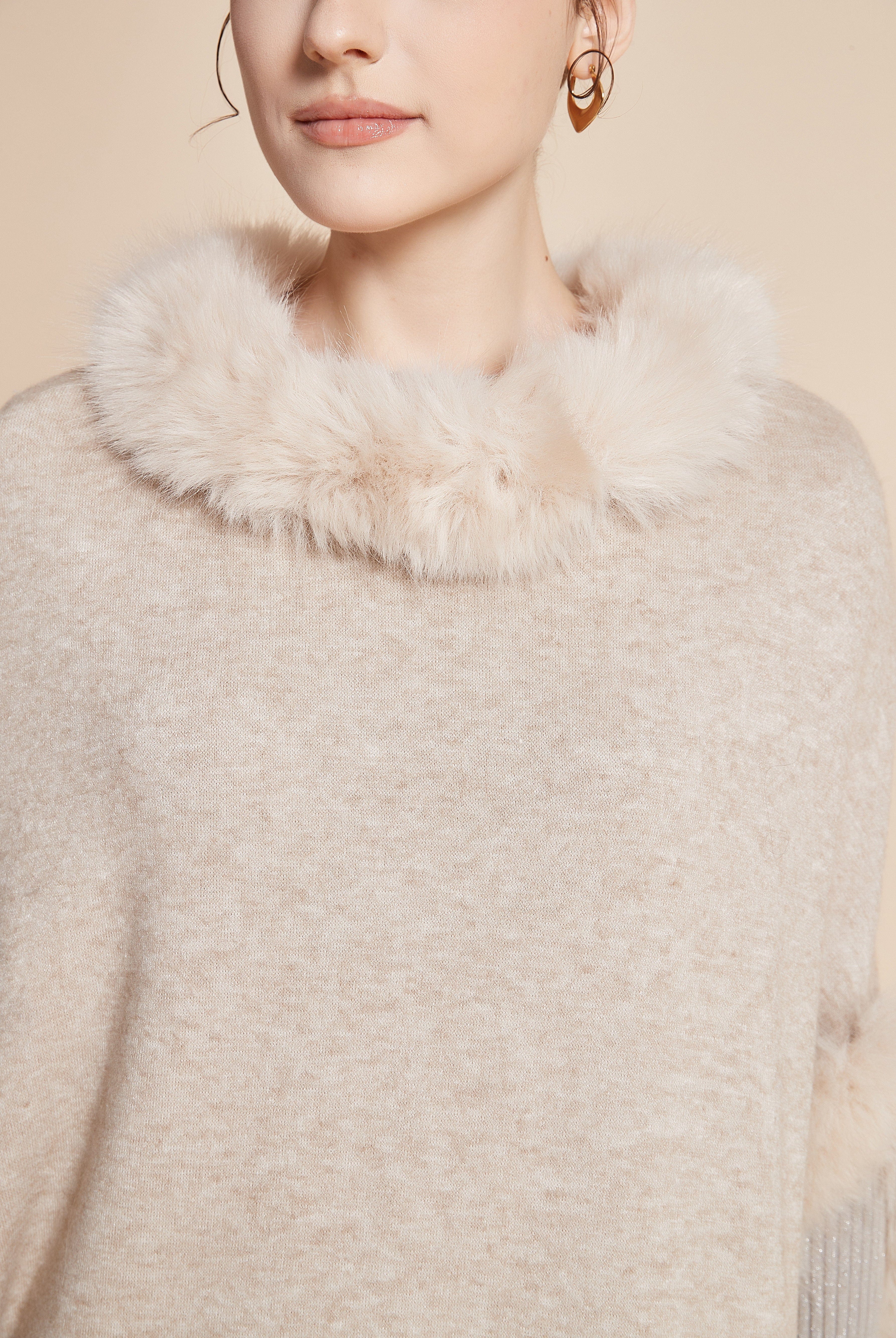 يولا بلوفر نسائي 3/4 كم سادة مع تفاصيل فرو