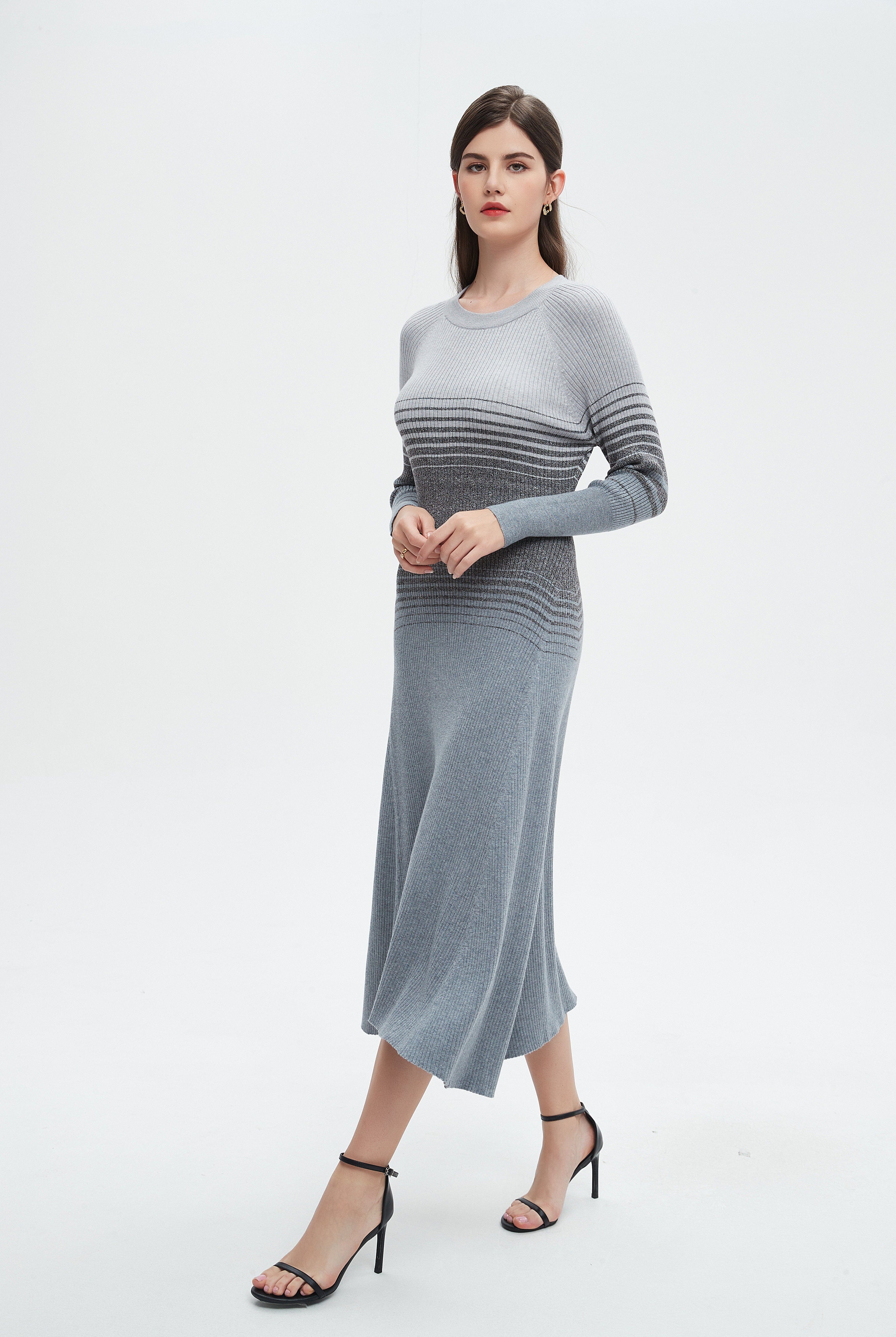 نتشي فستان نسائي ميدي مدرج الوان بأكمام طويلة