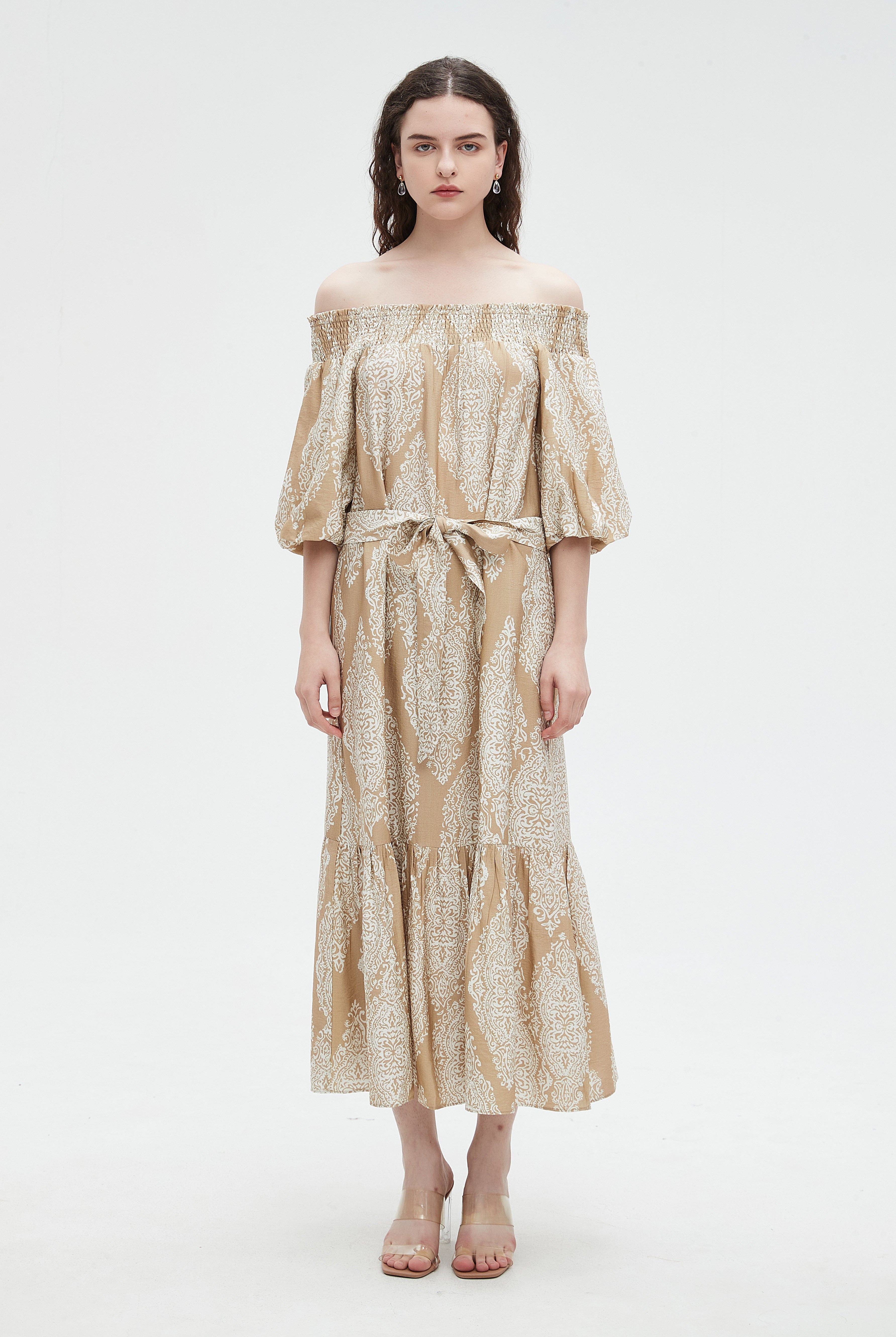 نتشي فستان ميدي 3/4 كم مطبوع بفيونكه عالخصر