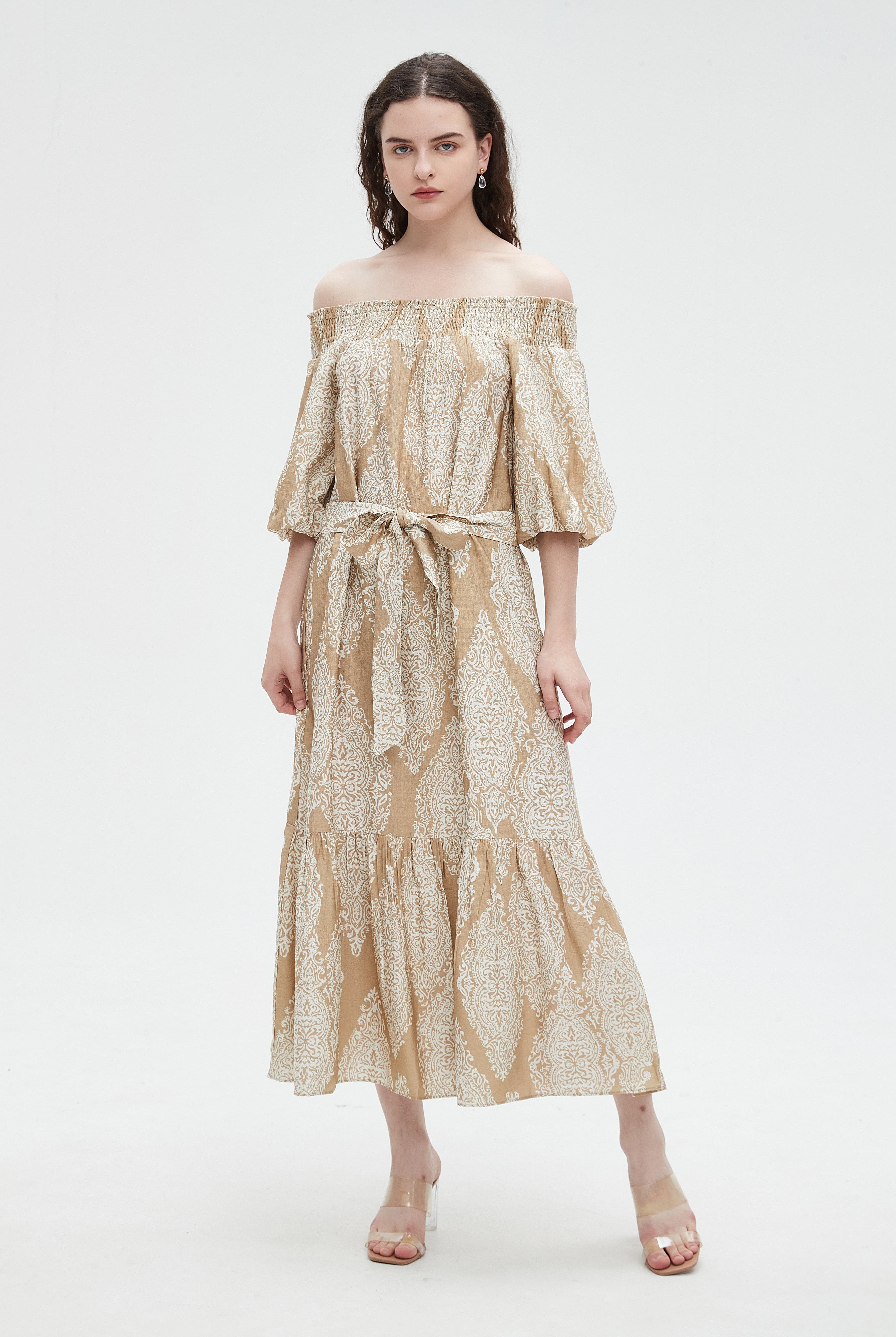 نتشي فستان ميدي 3/4 كم مطبوع بفيونكه عالخصر