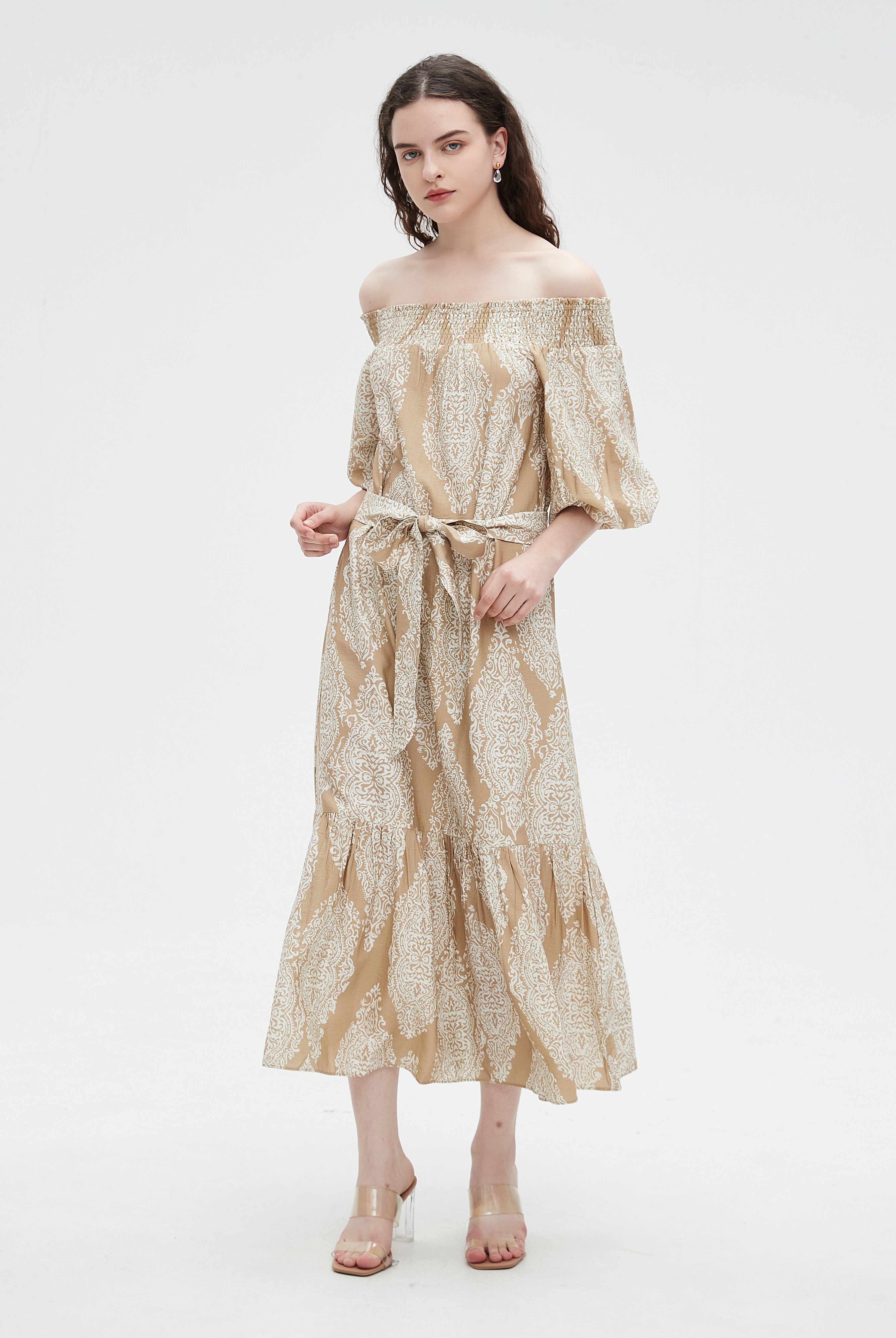 نتشي فستان ميدي 3/4 كم مطبوع بفيونكه عالخصر