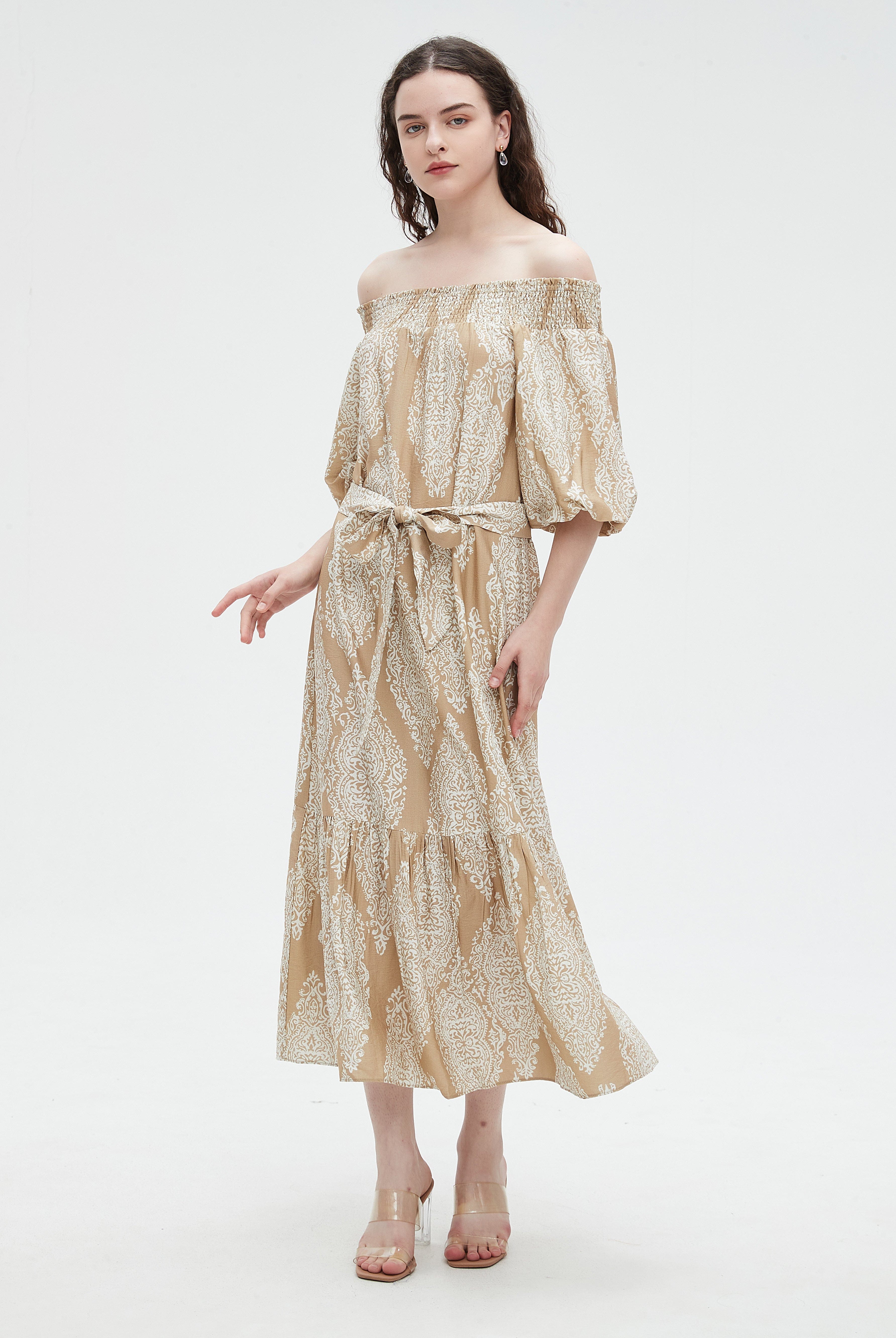 نتشي فستان ميدي 3/4 كم مطبوع بفيونكه عالخصر