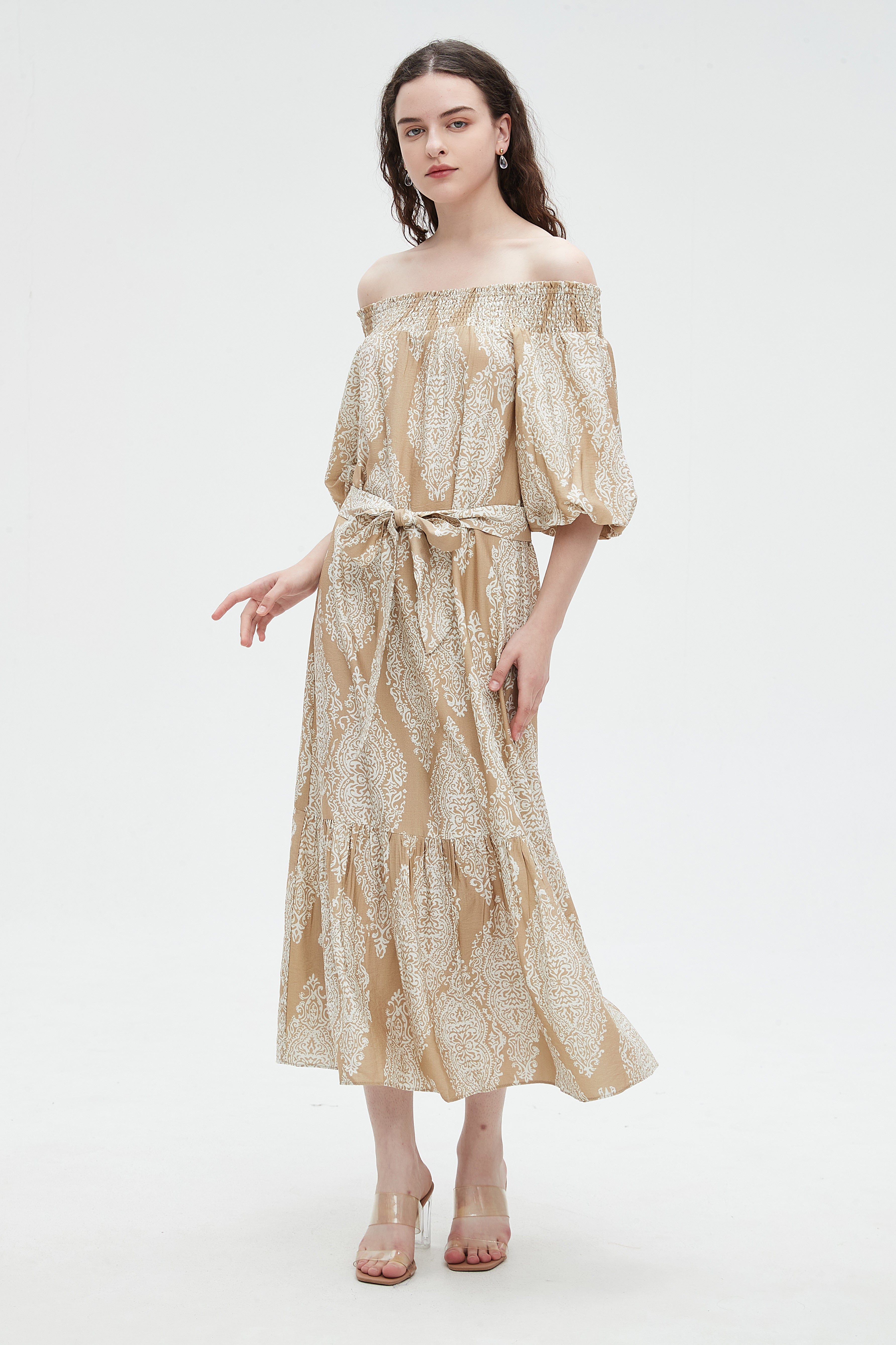 نتشي فستان ميدي 3/4 كم مطبوع بفيونكه عالخصر