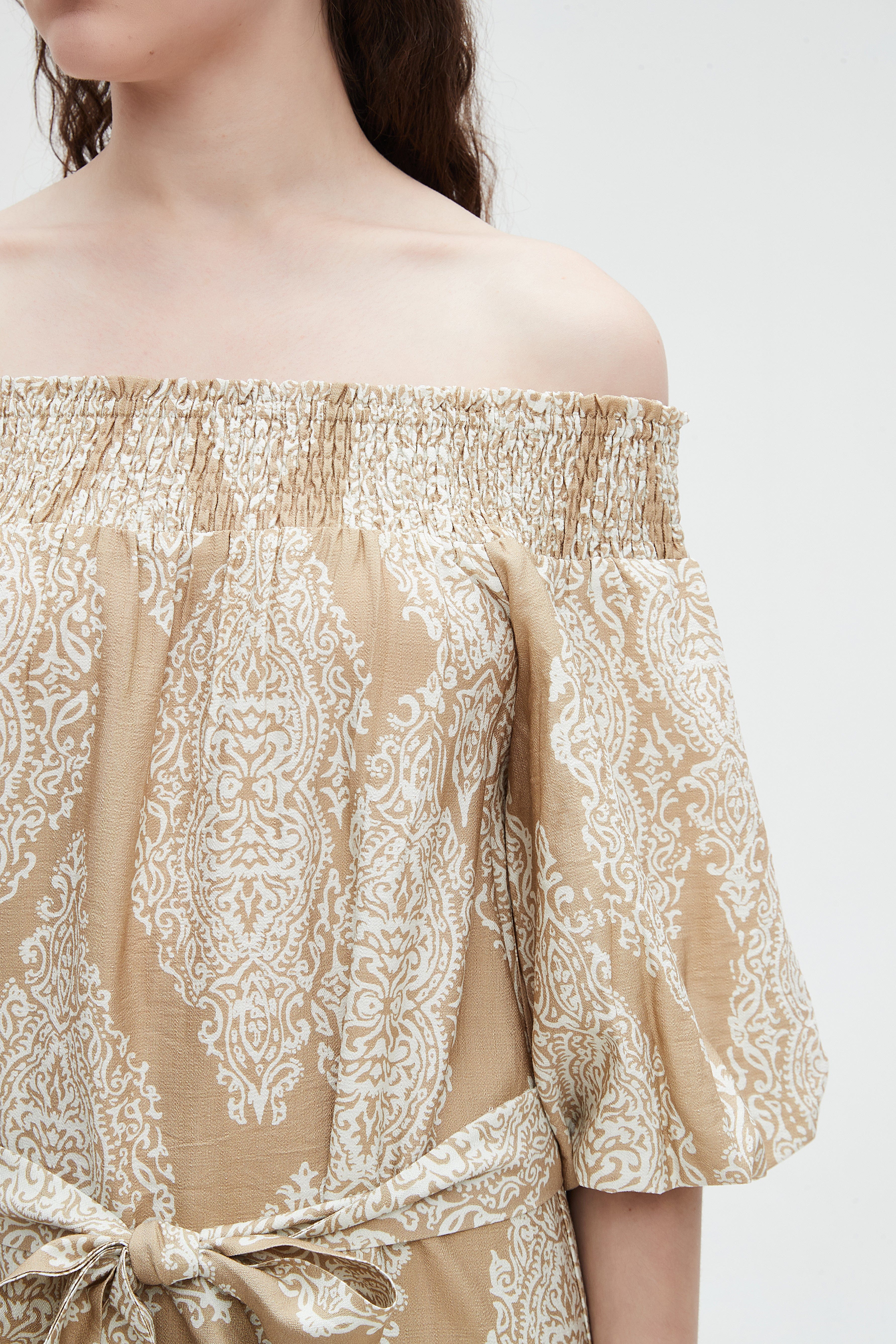 نتشي فستان ميدي 3/4 كم مطبوع بفيونكه عالخصر