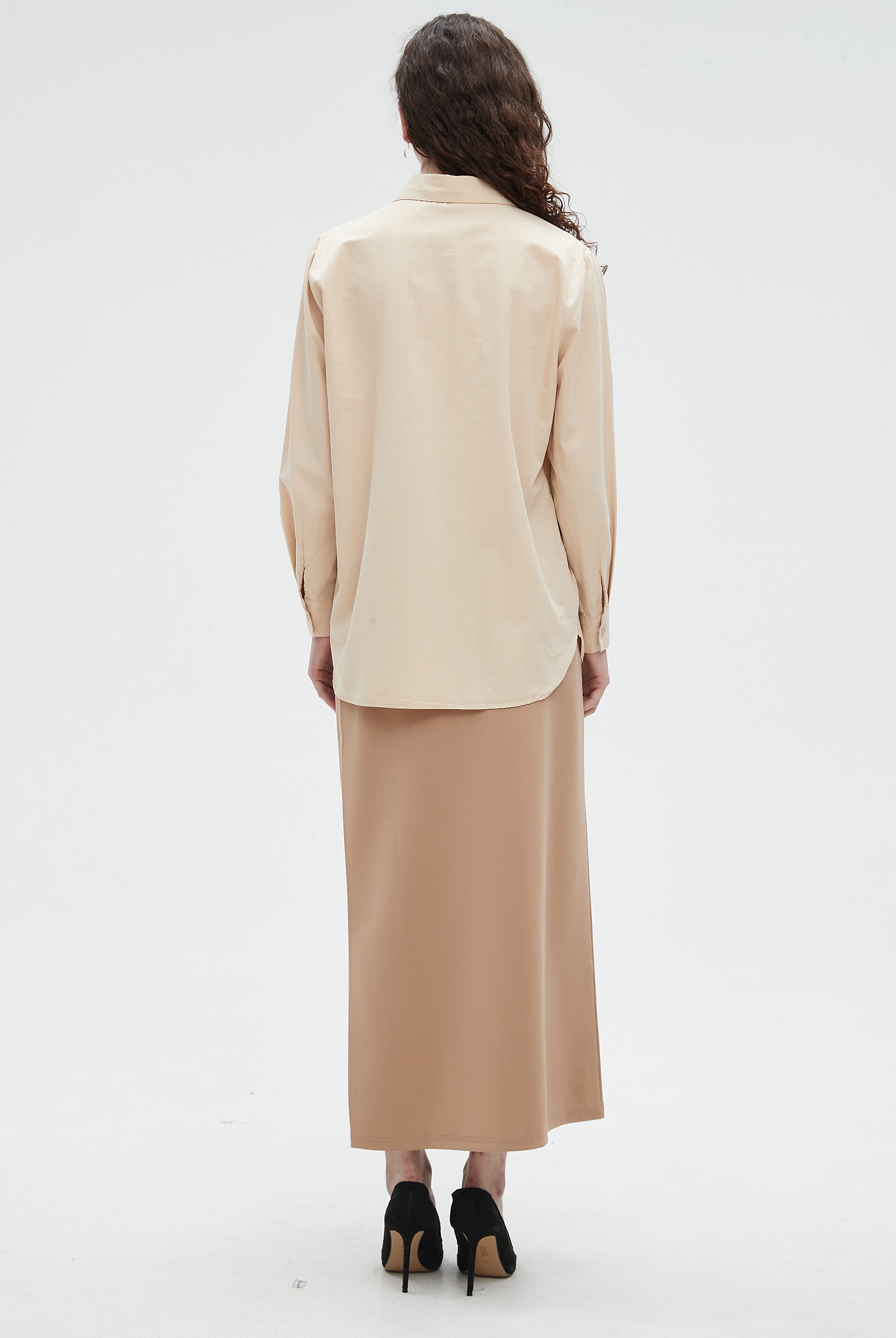 نتشي قميص نسائي سادة بأزرار أمامية وكم طويل