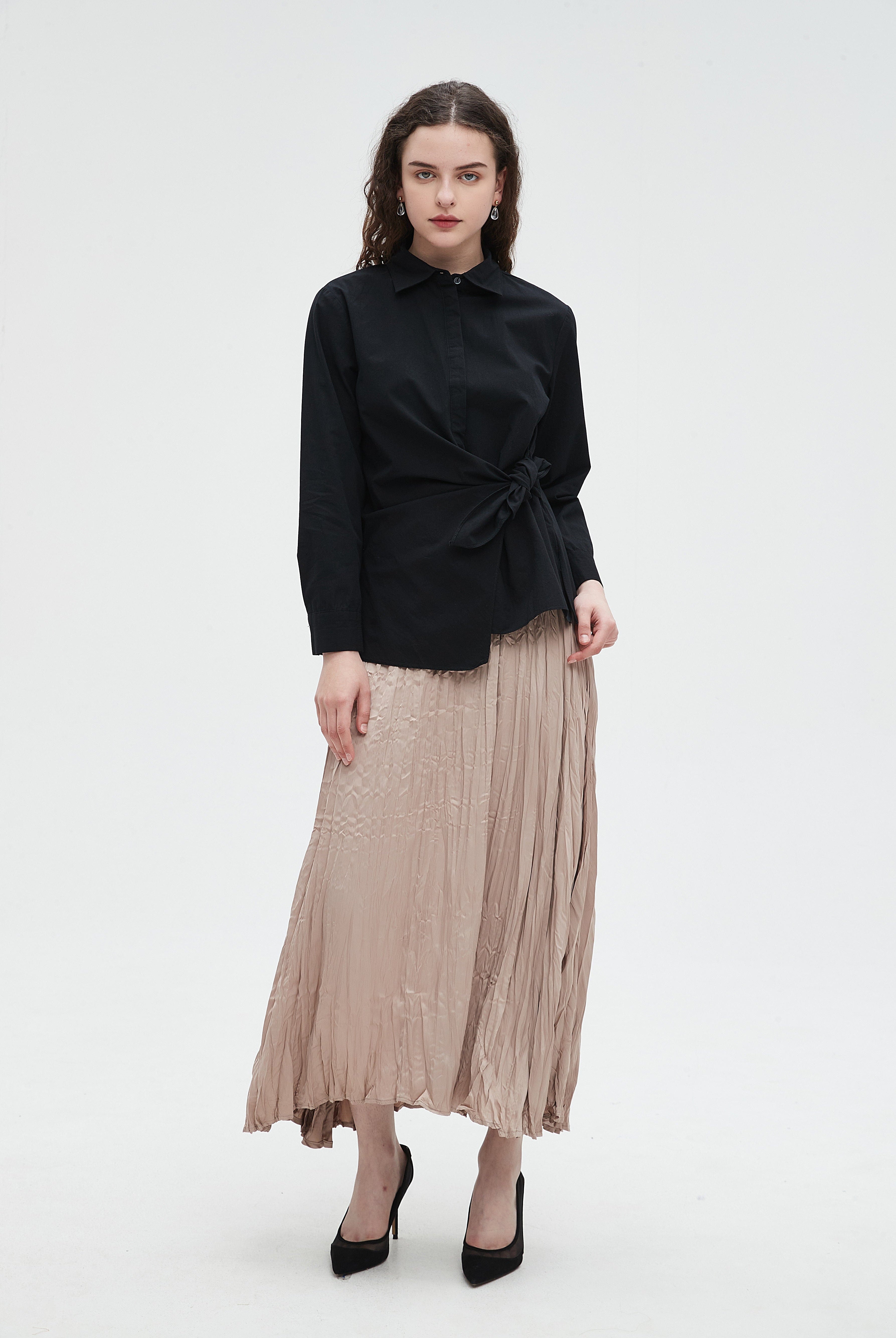 نتشي قميص نسائي كم طويل سادة برباط على الجنب