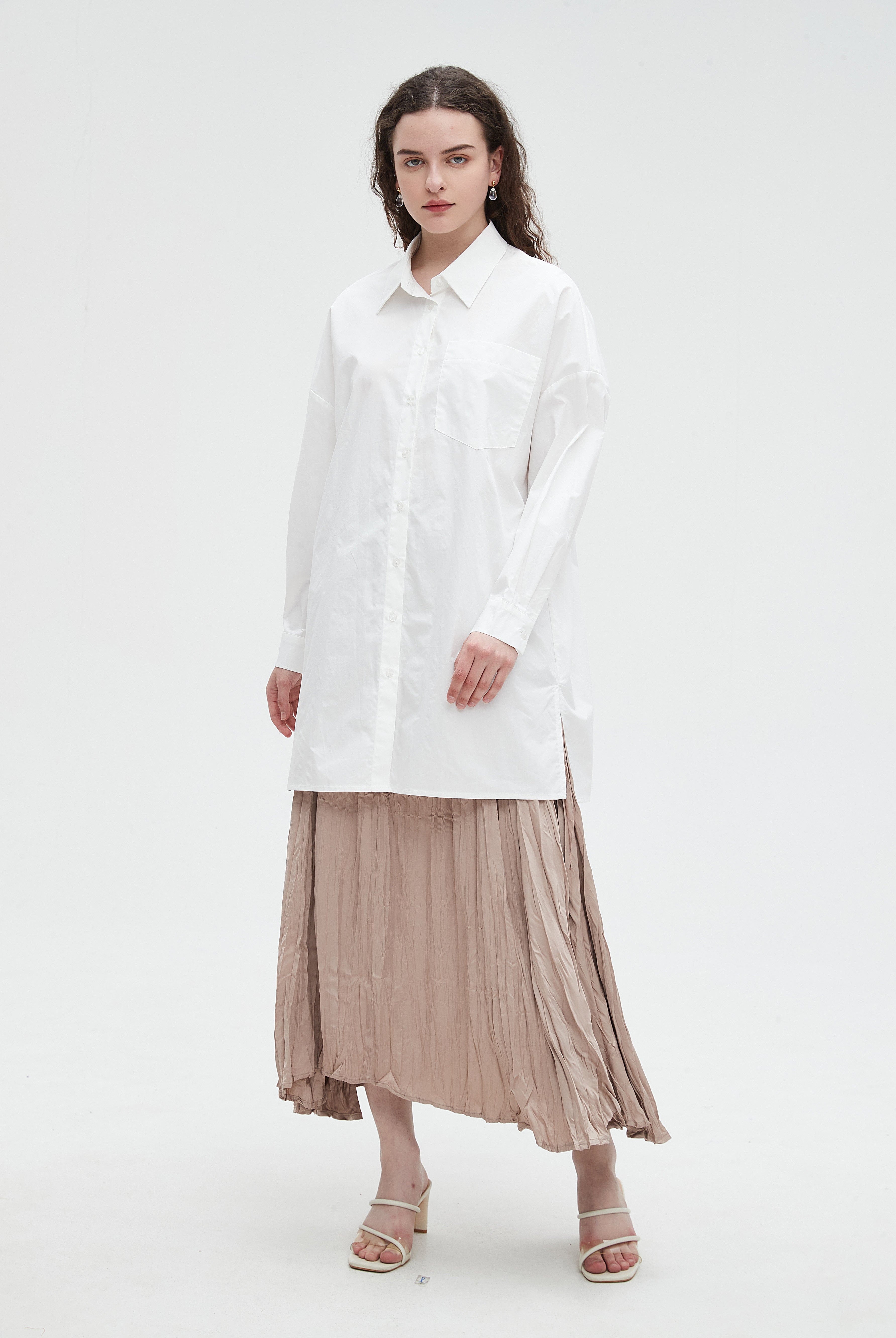 نتشي فستان نسائي سادة واسع قصير بأزرار أمامية وأكمام طويلة