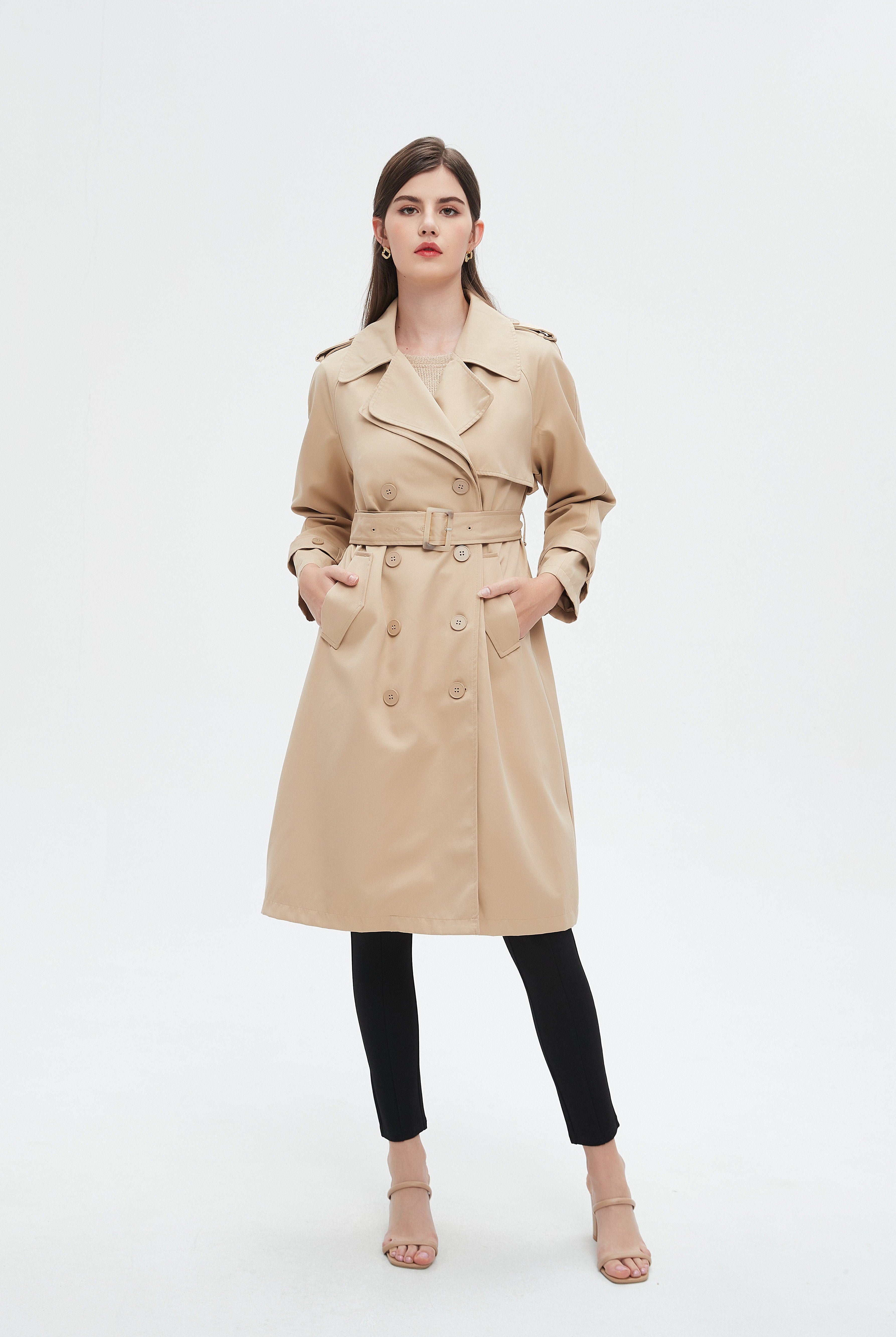 نتشي جاكيت نسائي بكم طويل وأزرار أمامية وحزام على الخصر