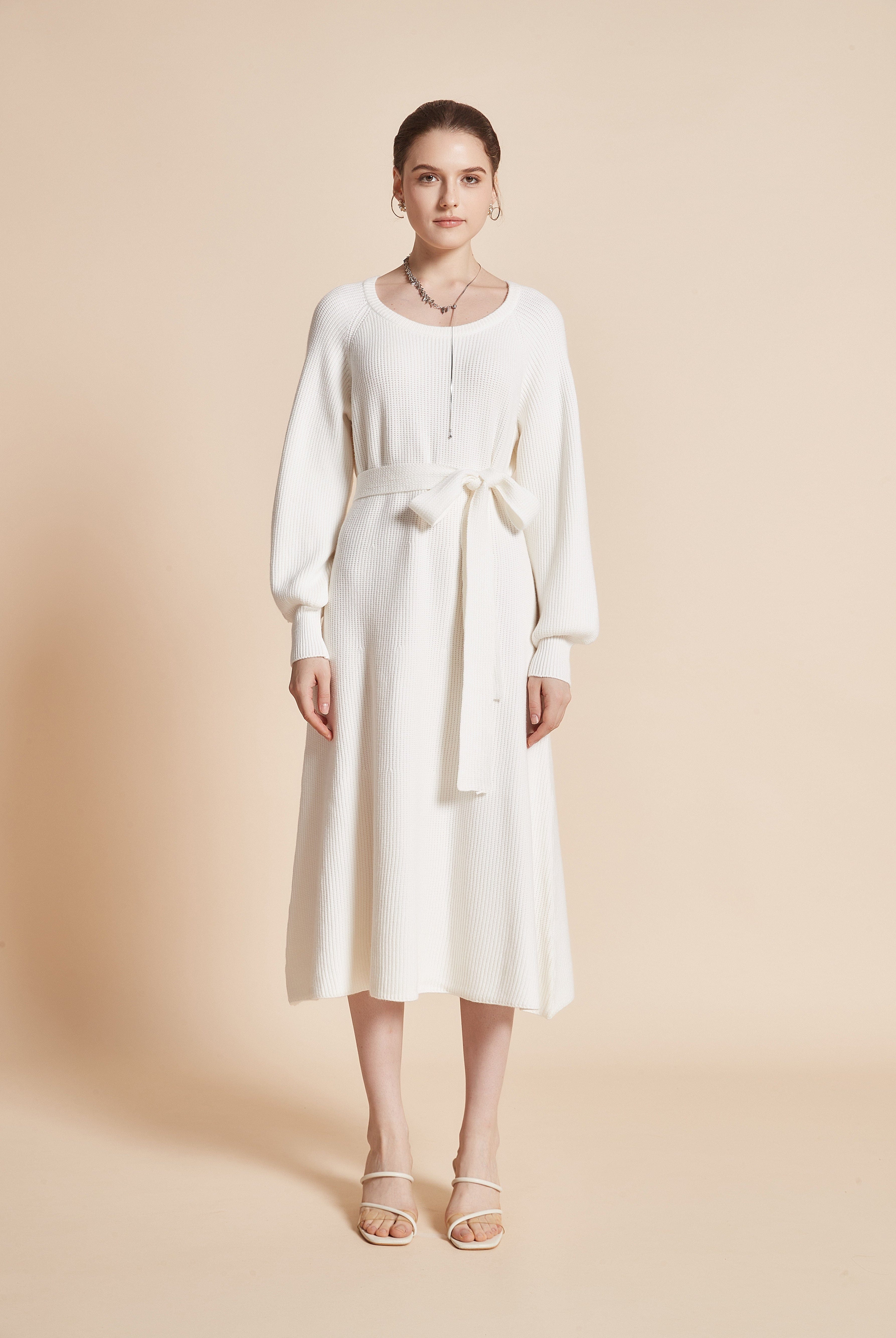 يولا فستان نسائي ميدي بكم طويل ورقبة دائرية مع رباط على الخصر