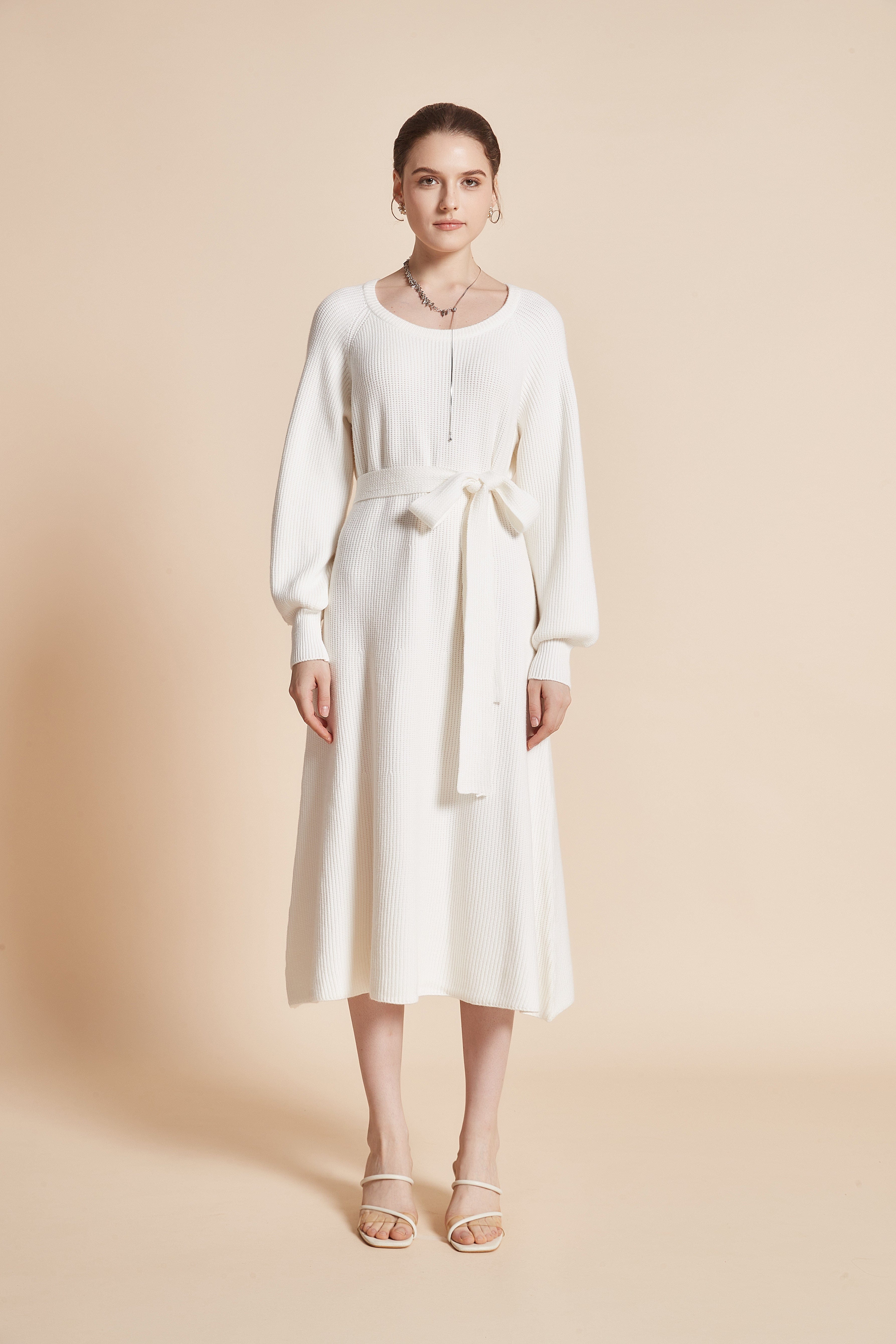 يولا فستان نسائي ميدي بكم طويل ورقبة دائرية مع رباط على الخصر