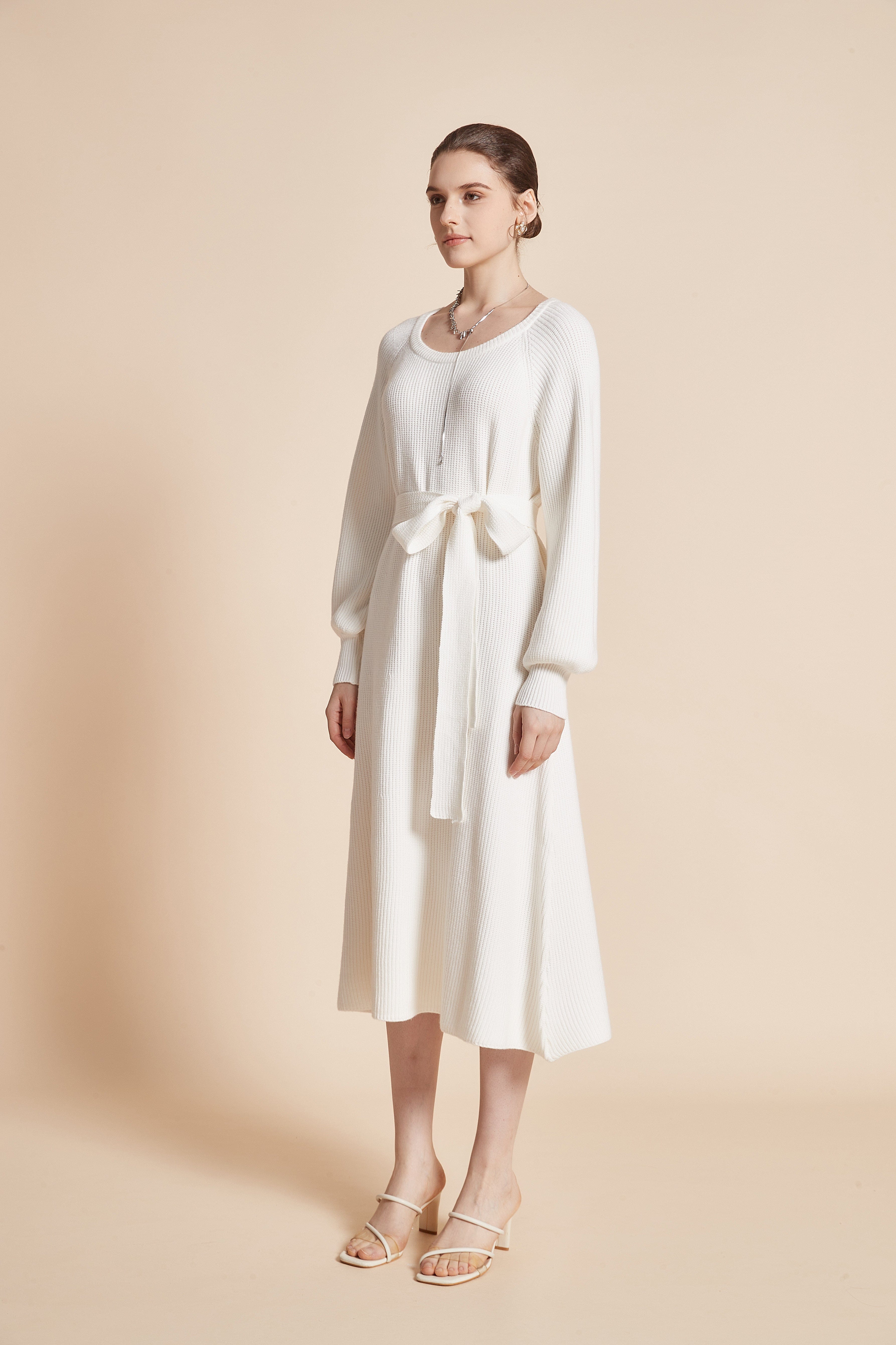 يولا فستان نسائي ميدي بكم طويل ورقبة دائرية مع رباط على الخصر