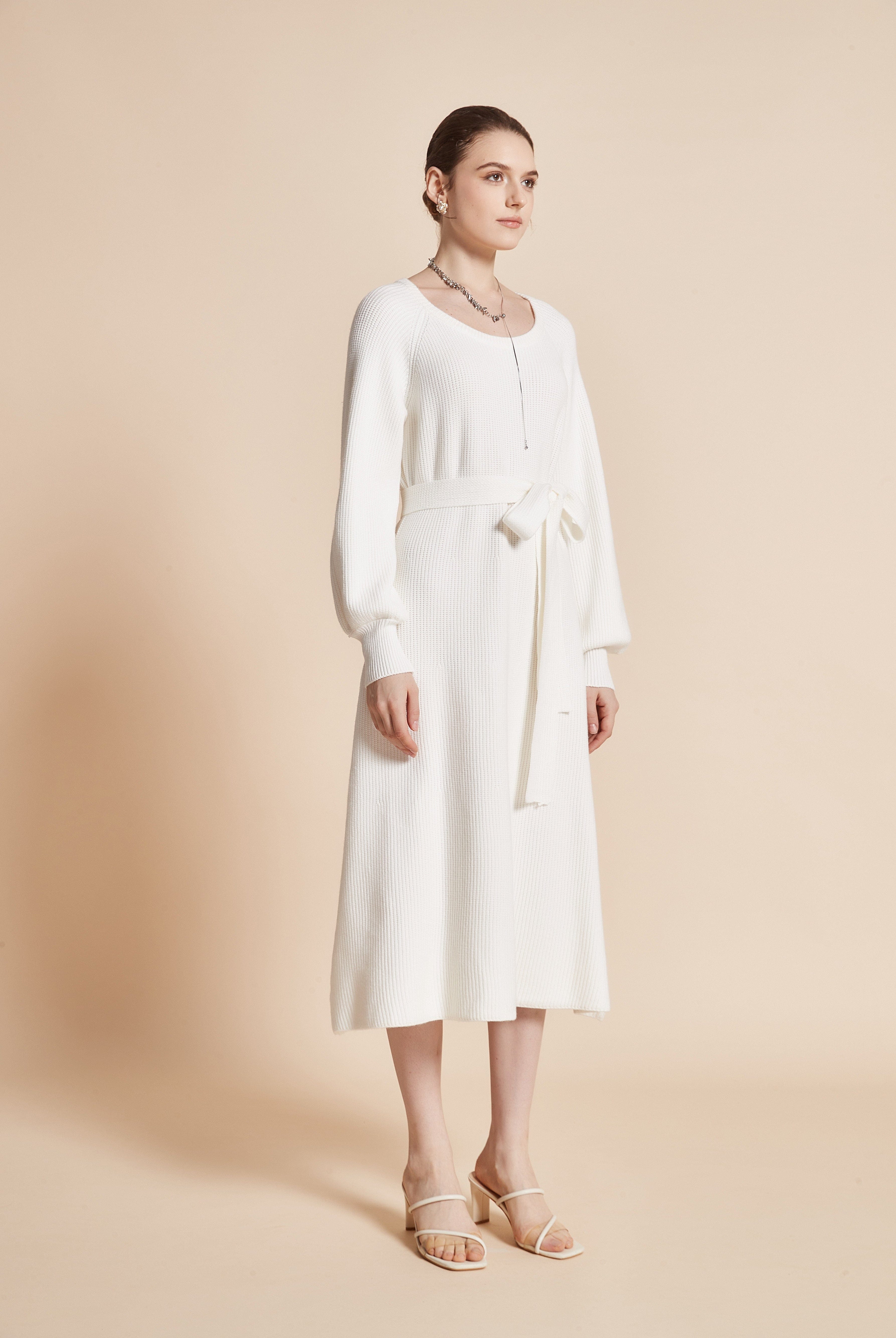 يولا فستان نسائي ميدي بكم طويل ورقبة دائرية مع رباط على الخصر