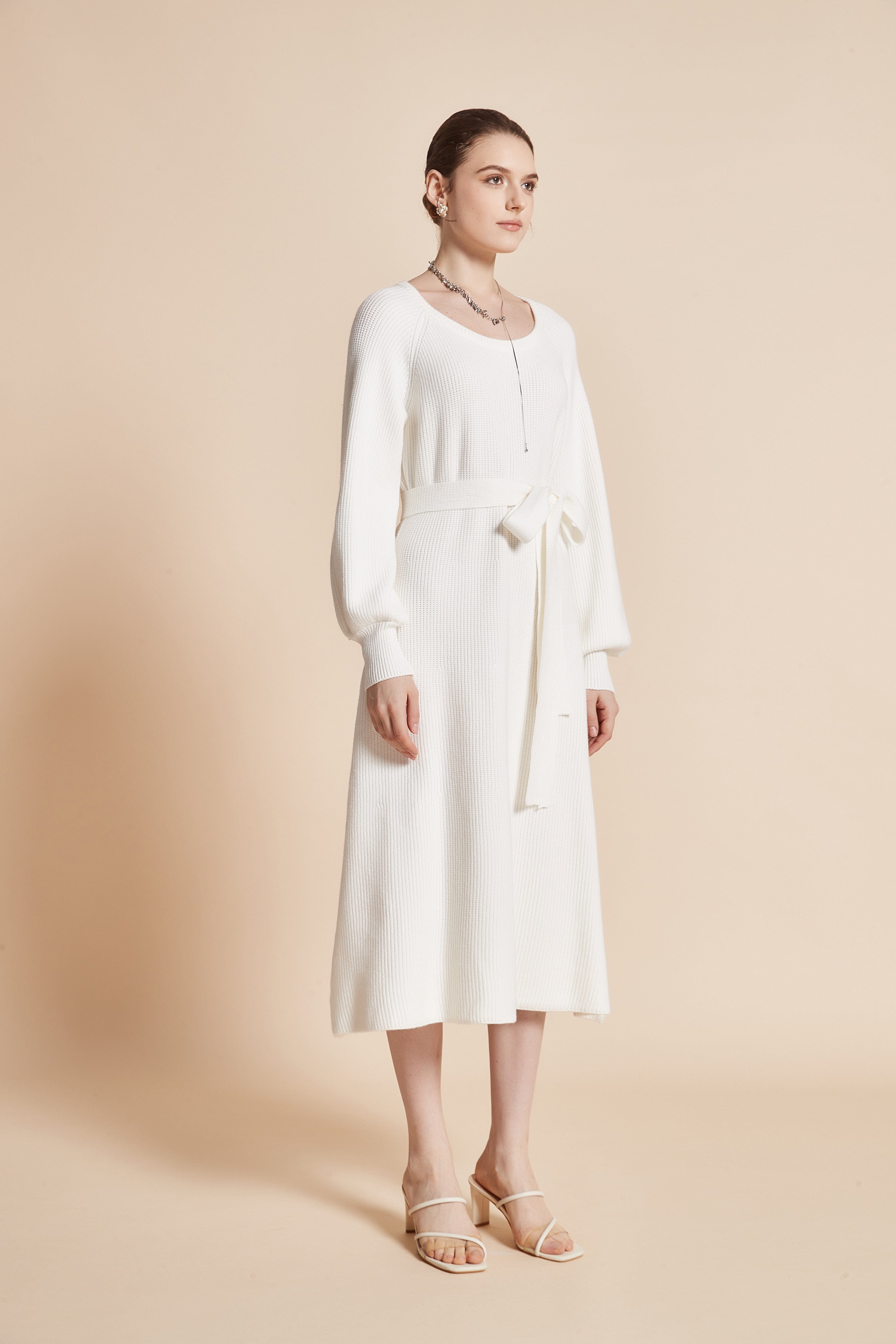 يولا فستان نسائي ميدي بكم طويل ورقبة دائرية مع رباط على الخصر