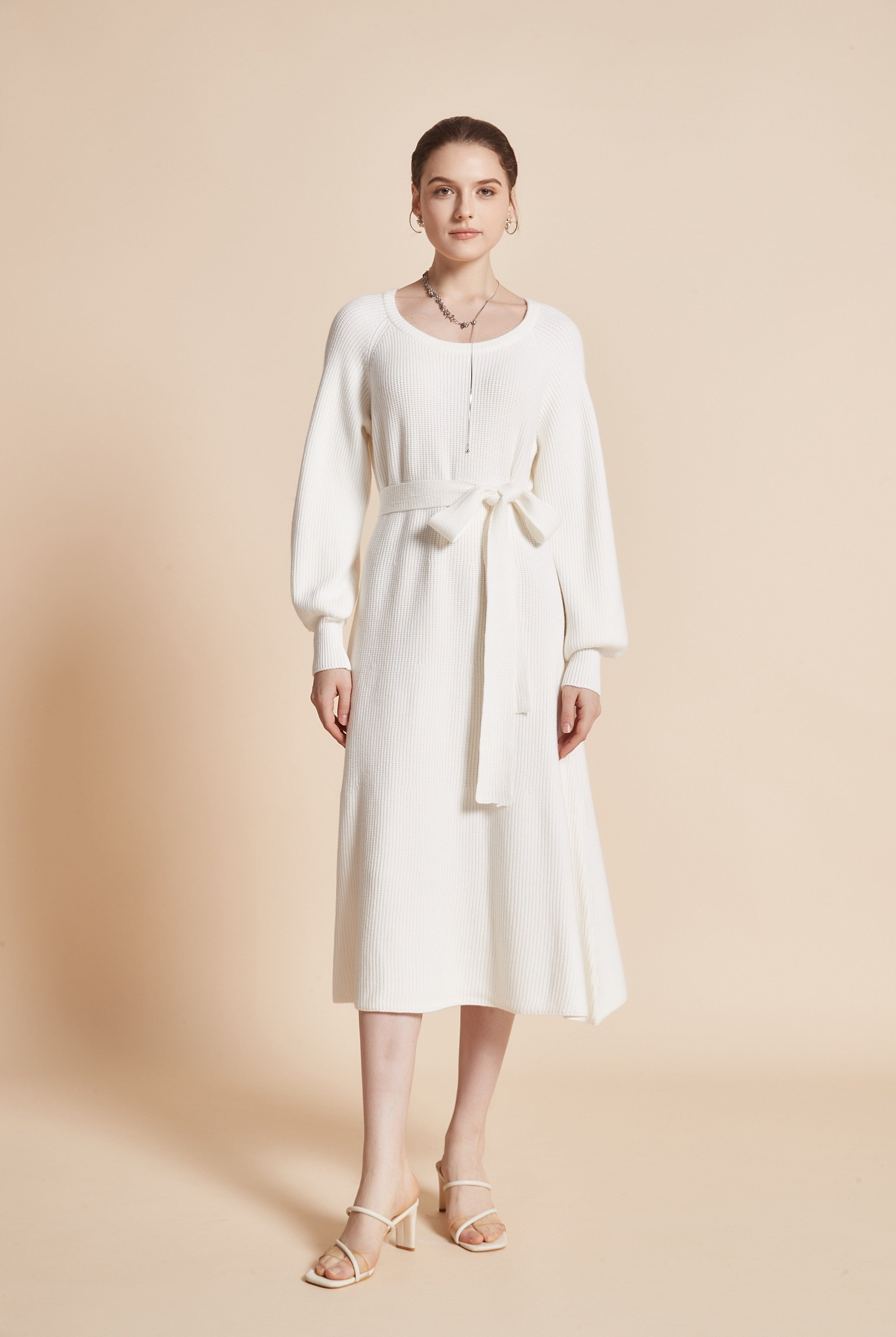 يولا فستان نسائي ميدي بكم طويل ورقبة دائرية مع رباط على الخصر