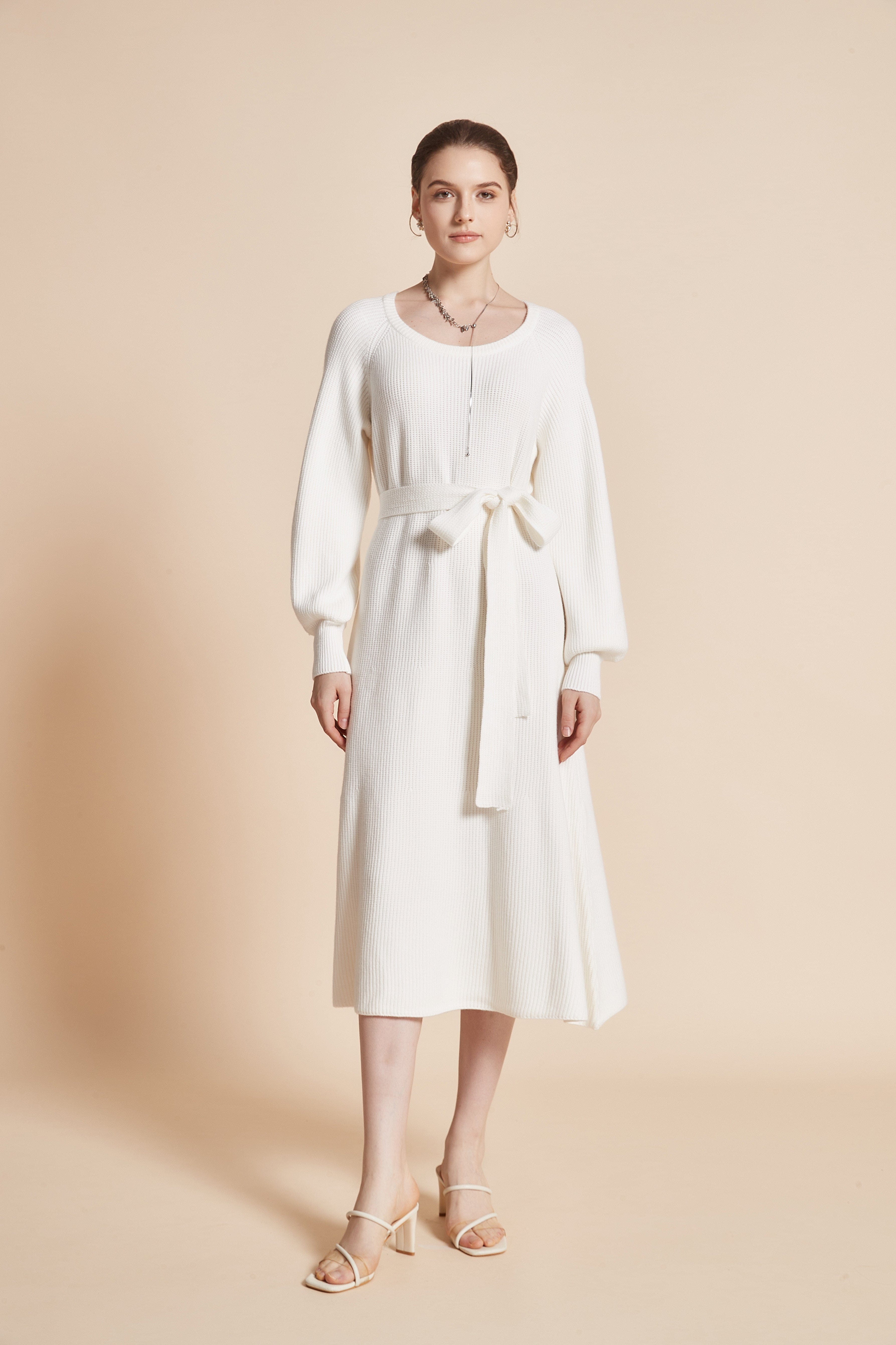 يولا فستان نسائي ميدي بكم طويل ورقبة دائرية مع رباط على الخصر