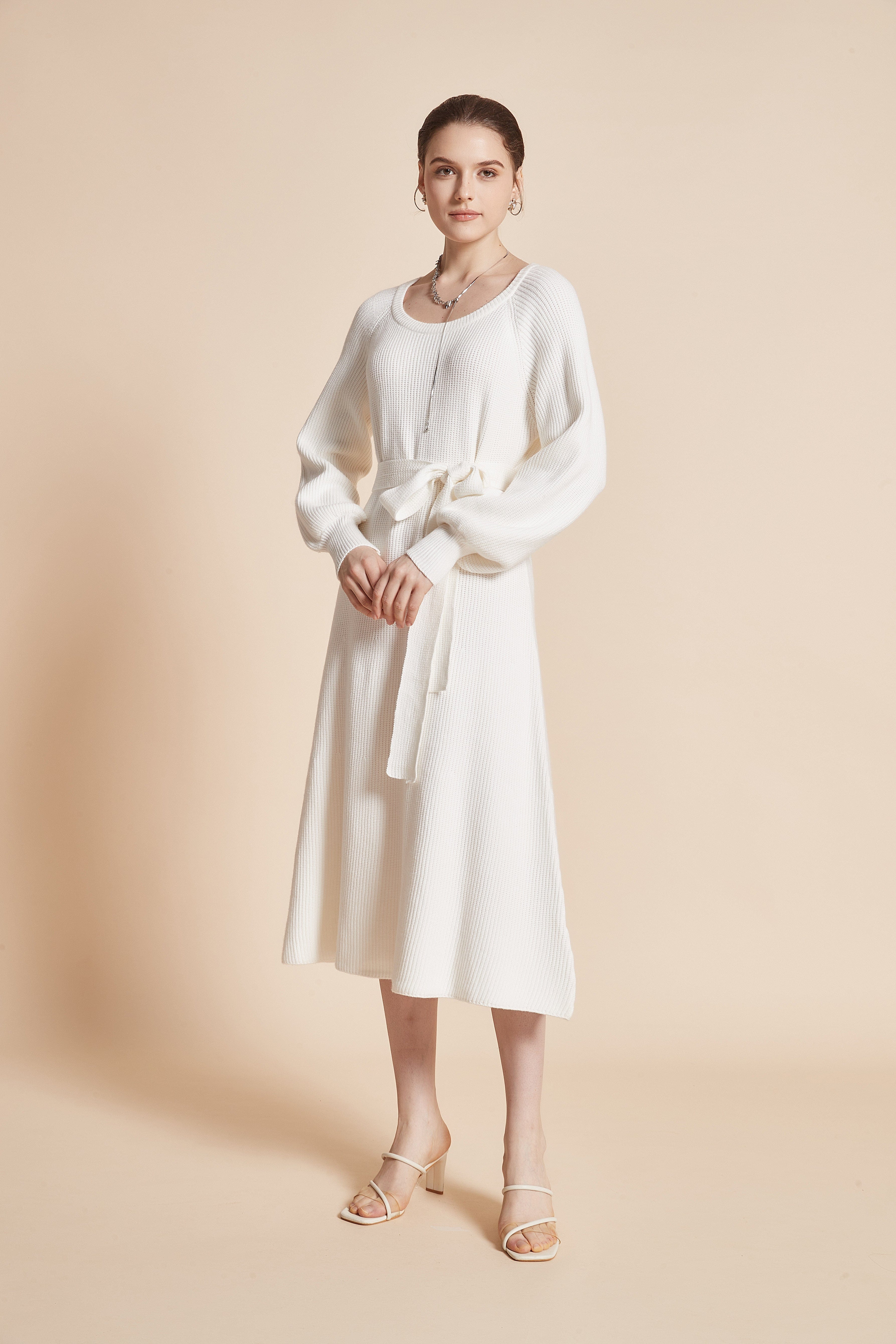 يولا فستان نسائي ميدي بكم طويل ورقبة دائرية مع رباط على الخصر