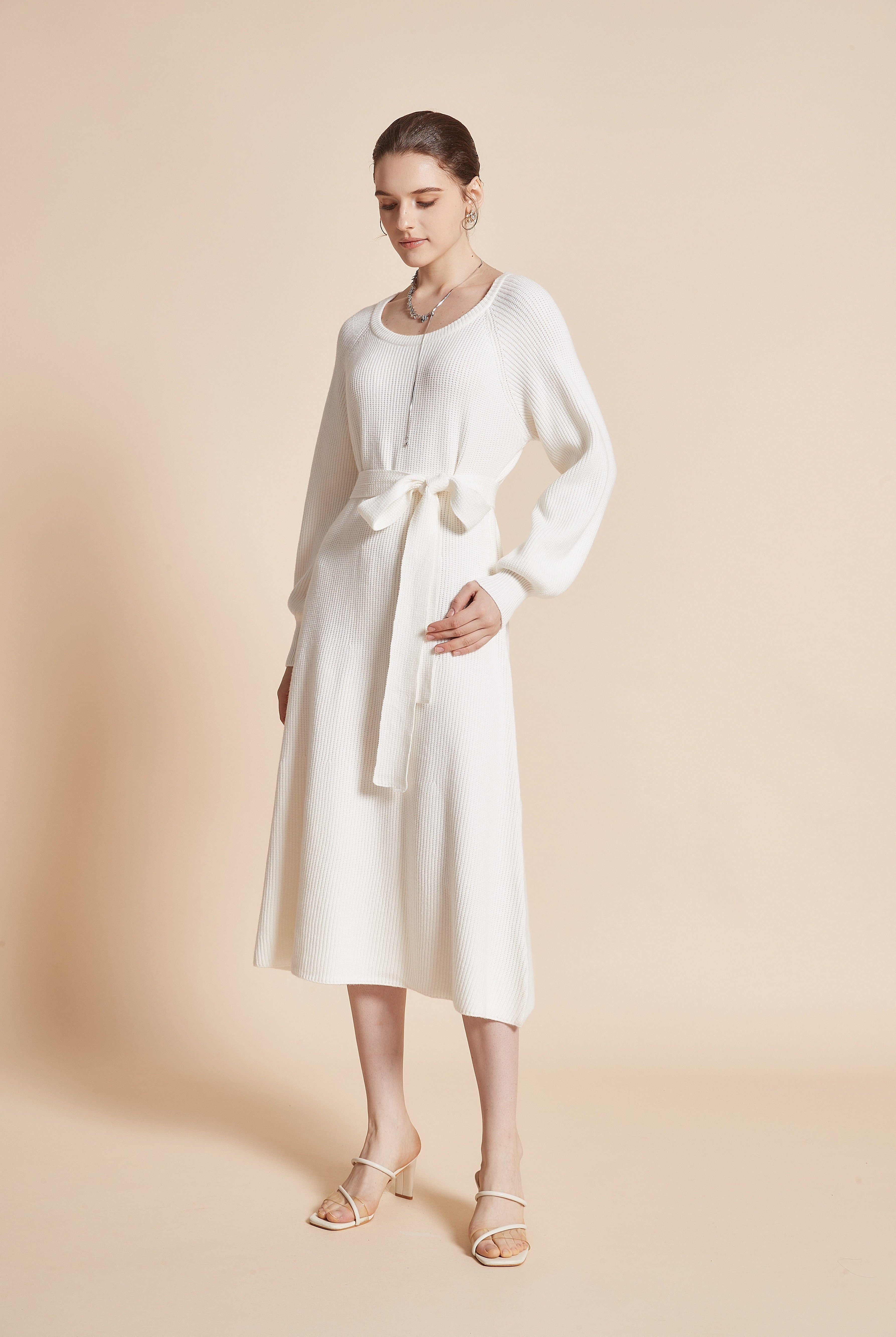 يولا فستان نسائي ميدي بكم طويل ورقبة دائرية مع رباط على الخصر