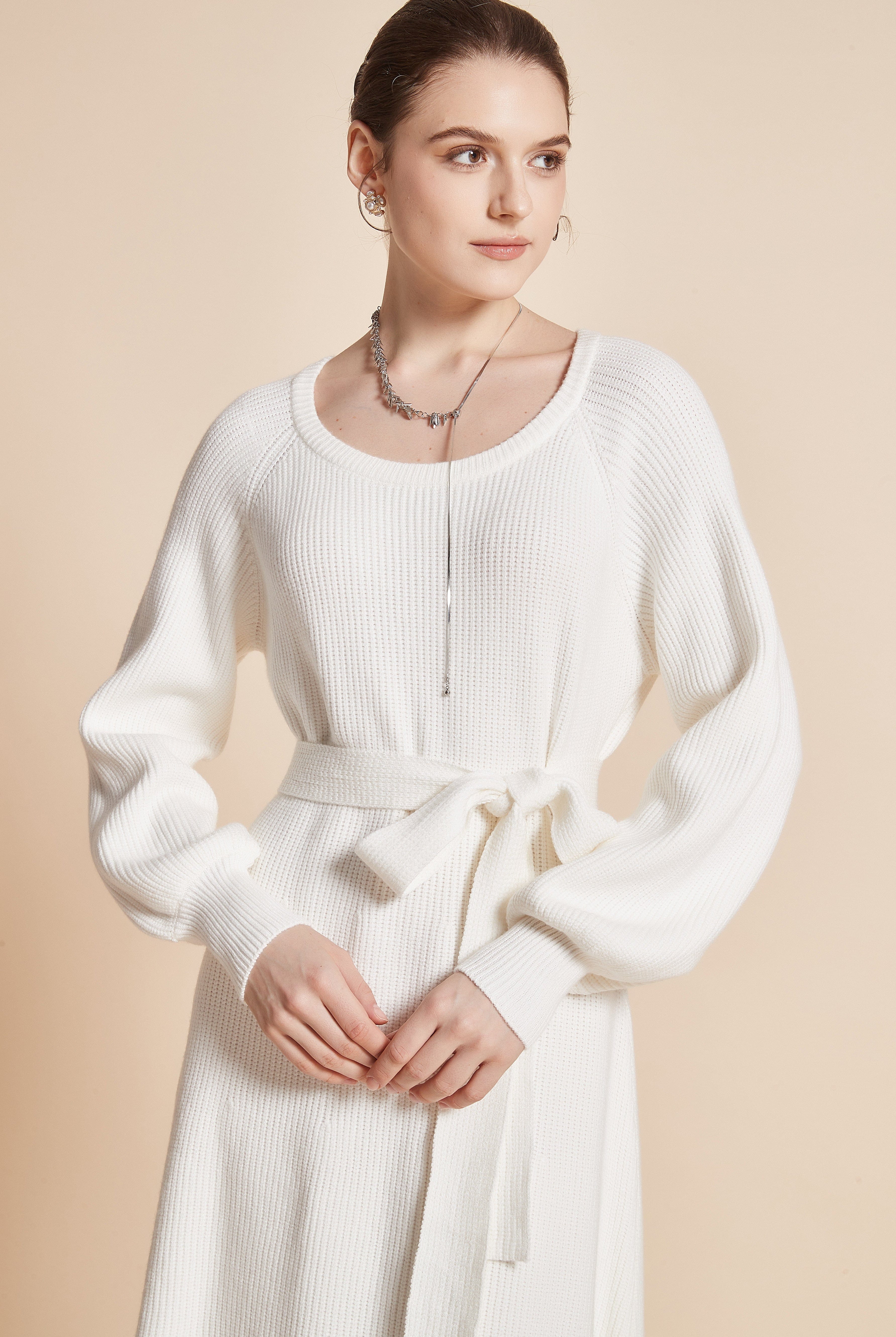 يولا فستان نسائي ميدي بكم طويل ورقبة دائرية مع رباط على الخصر