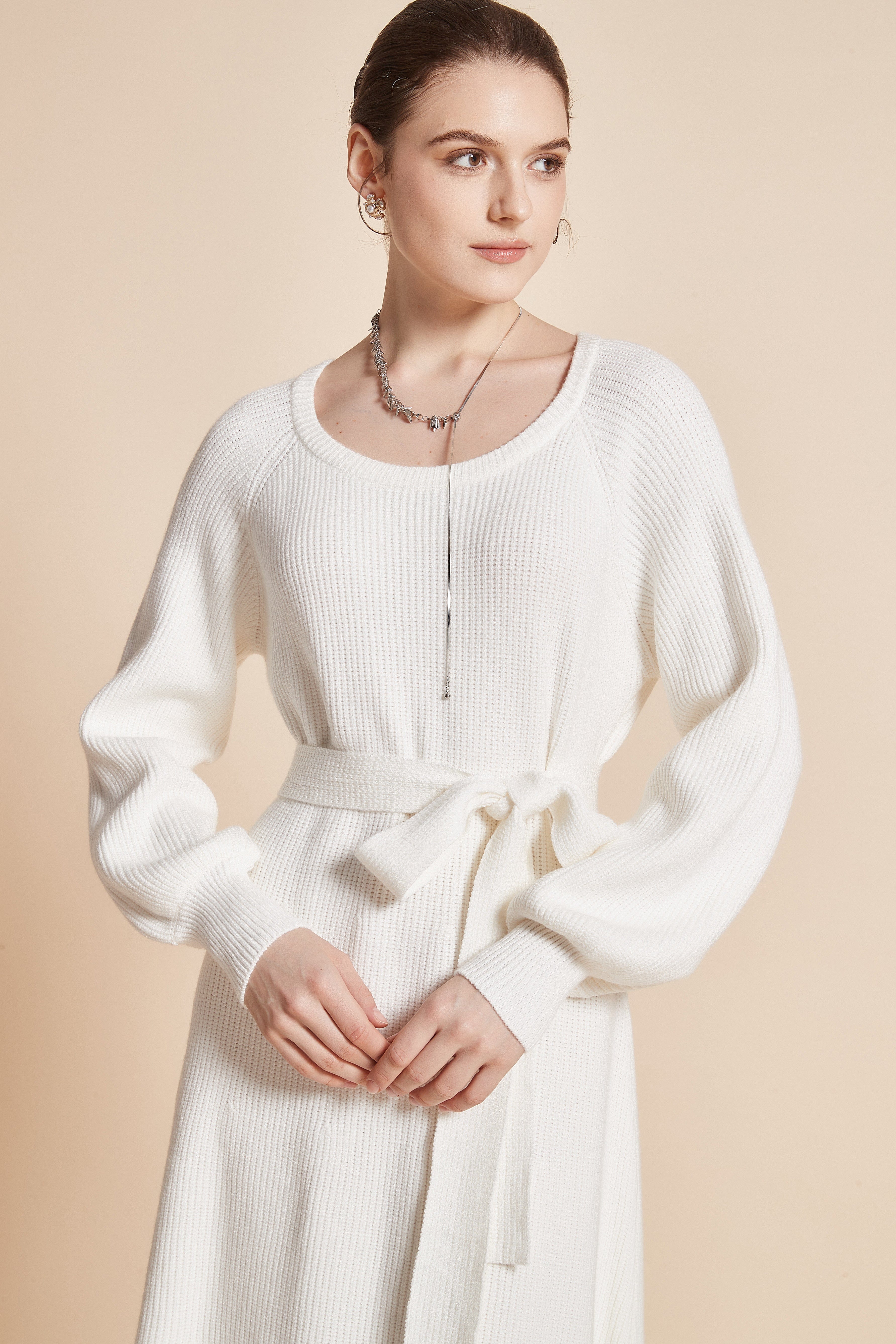 يولا فستان نسائي ميدي بكم طويل ورقبة دائرية مع رباط على الخصر