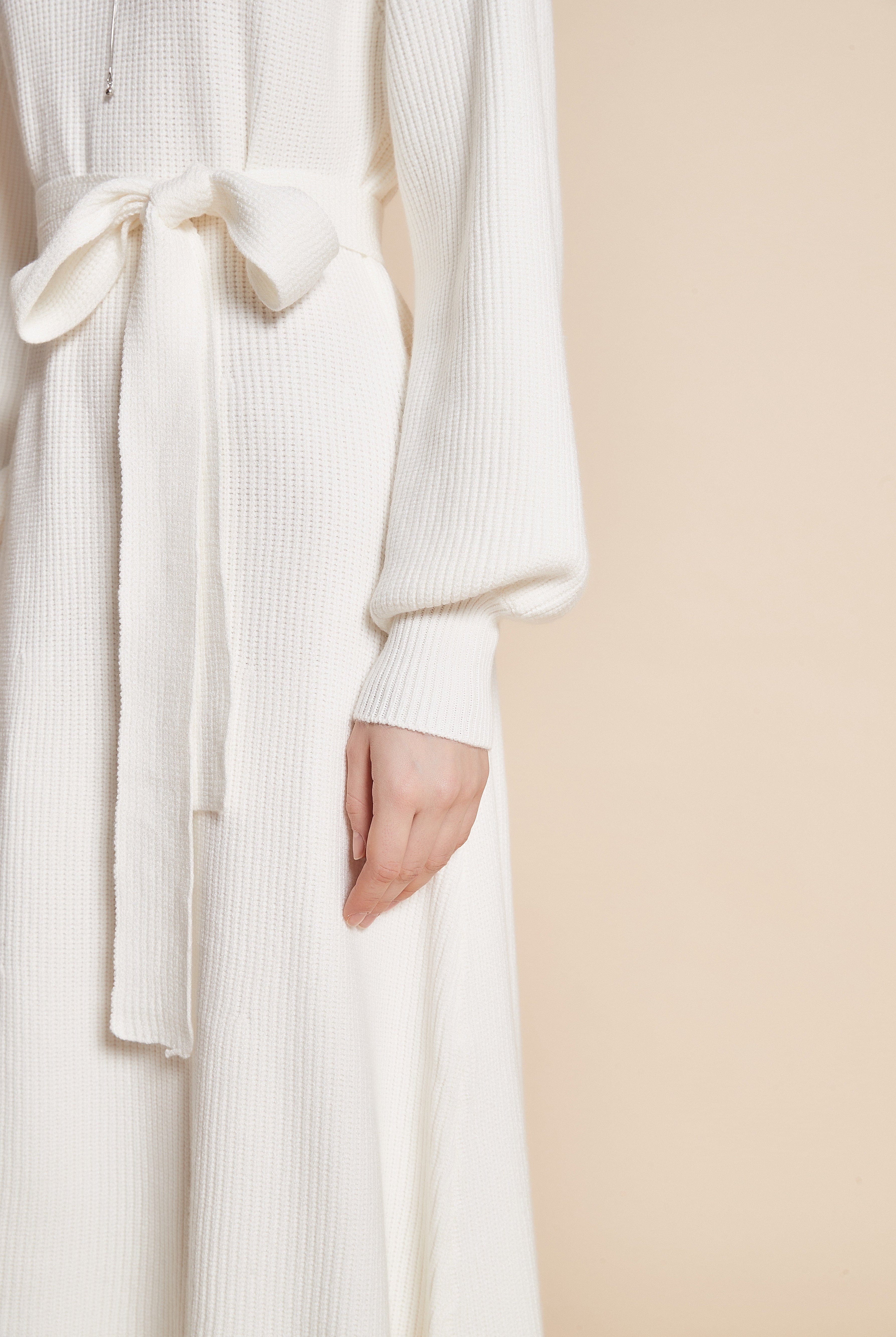 يولا فستان نسائي ميدي بكم طويل ورقبة دائرية مع رباط على الخصر