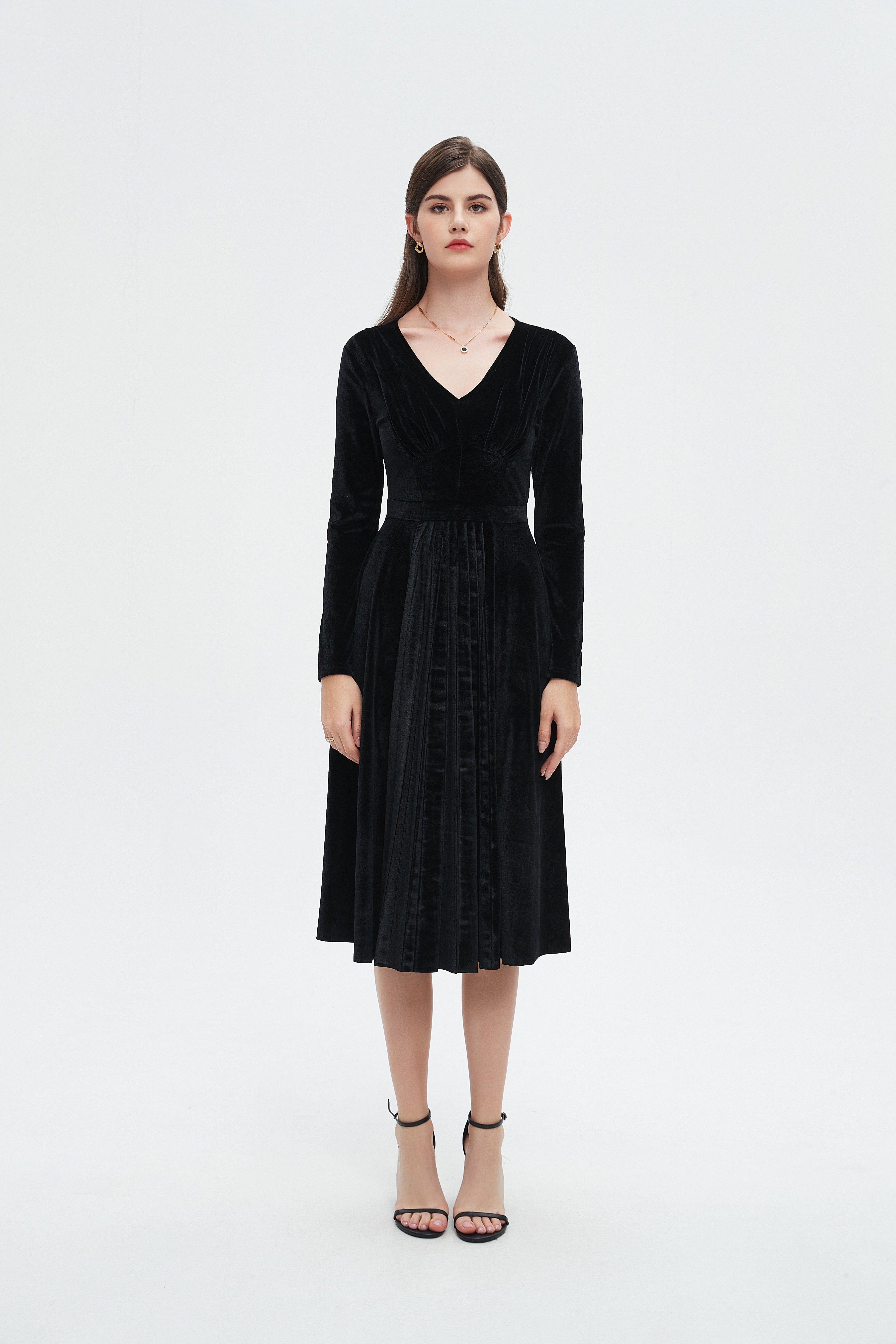 نتشي فستان ميدي سادة مخصر كم طويل نسائي