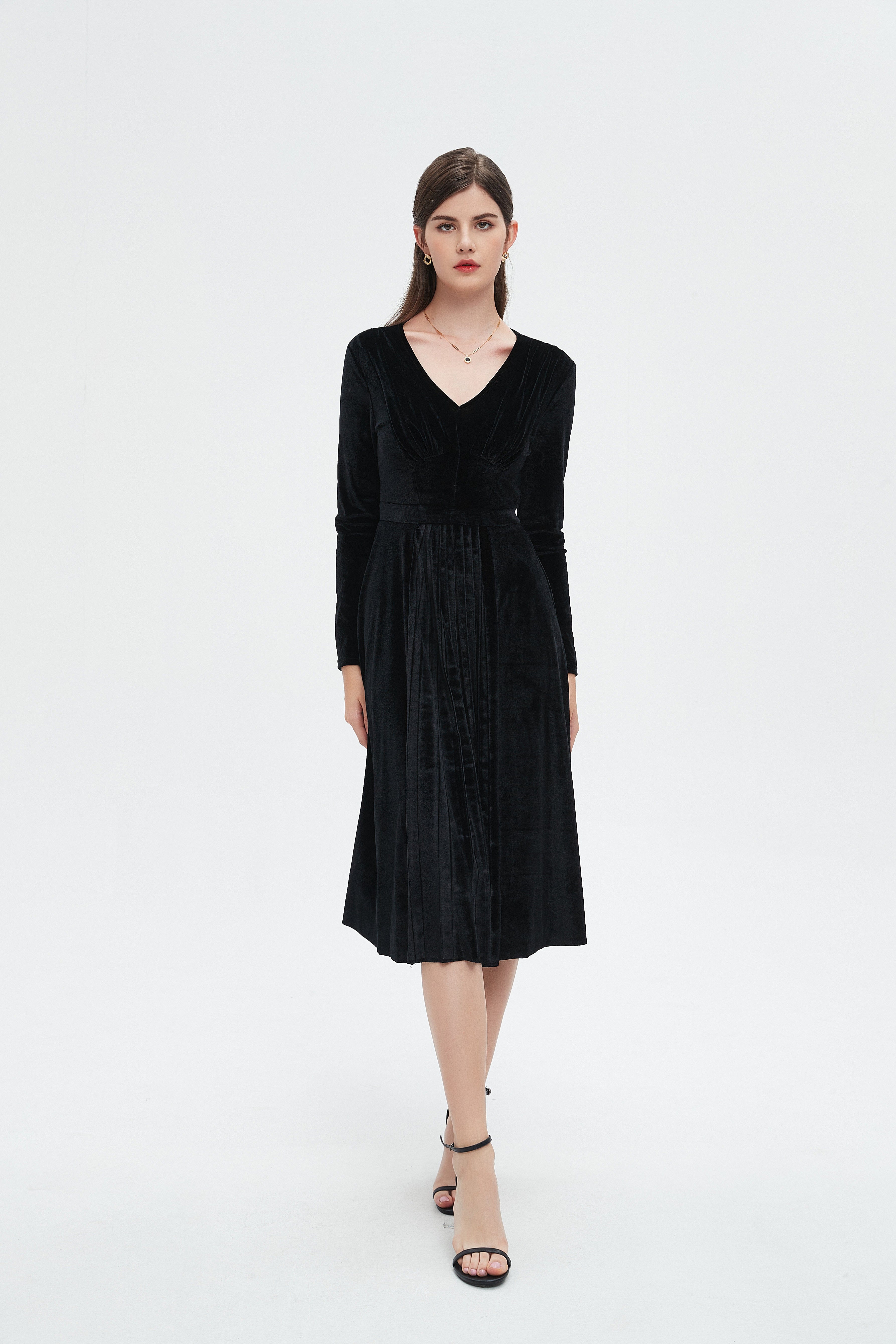 نتشي فستان ميدي سادة مخصر كم طويل نسائي