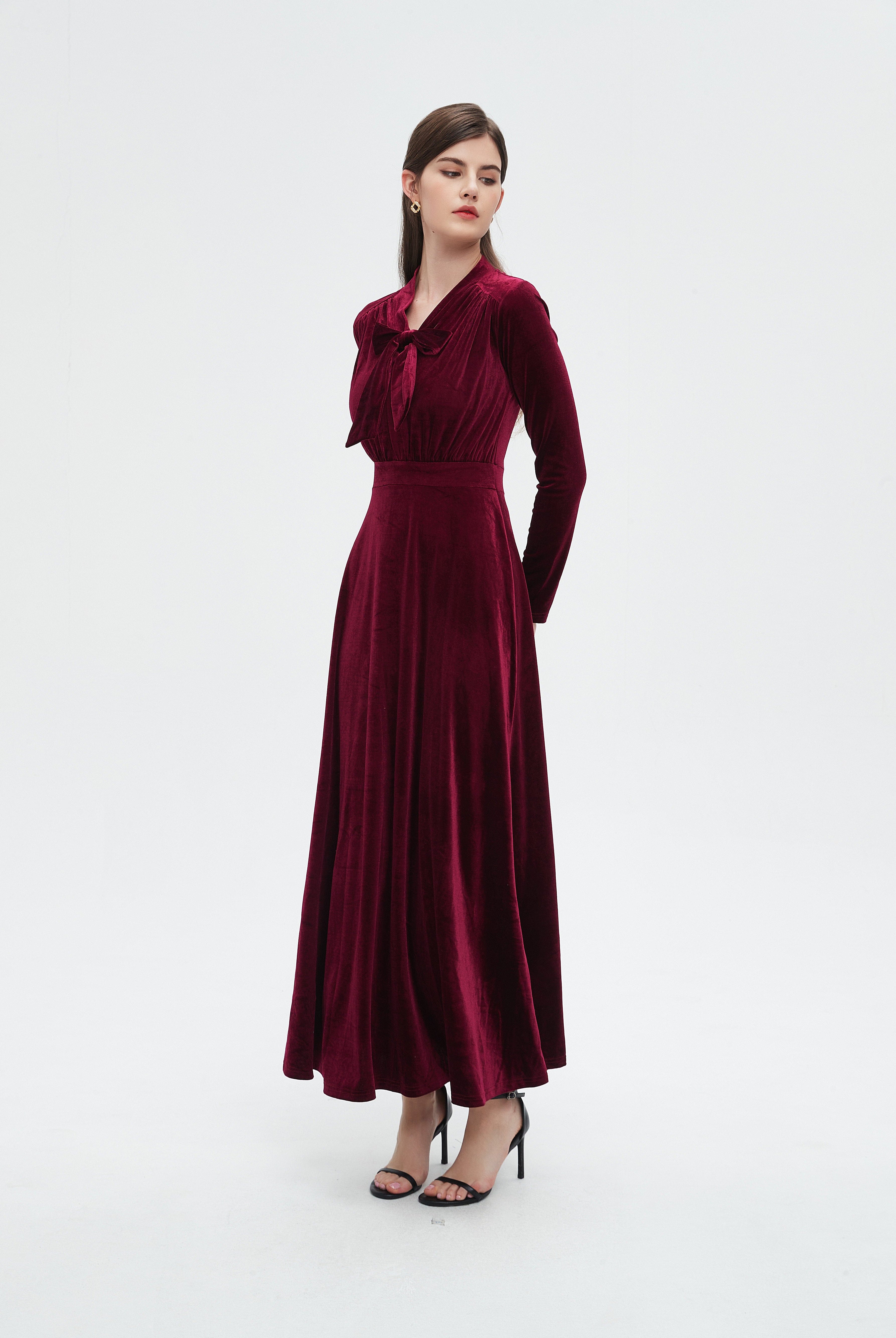 نتشي فستان نسائي ماكسي طويل بفيونكة عالرقبة