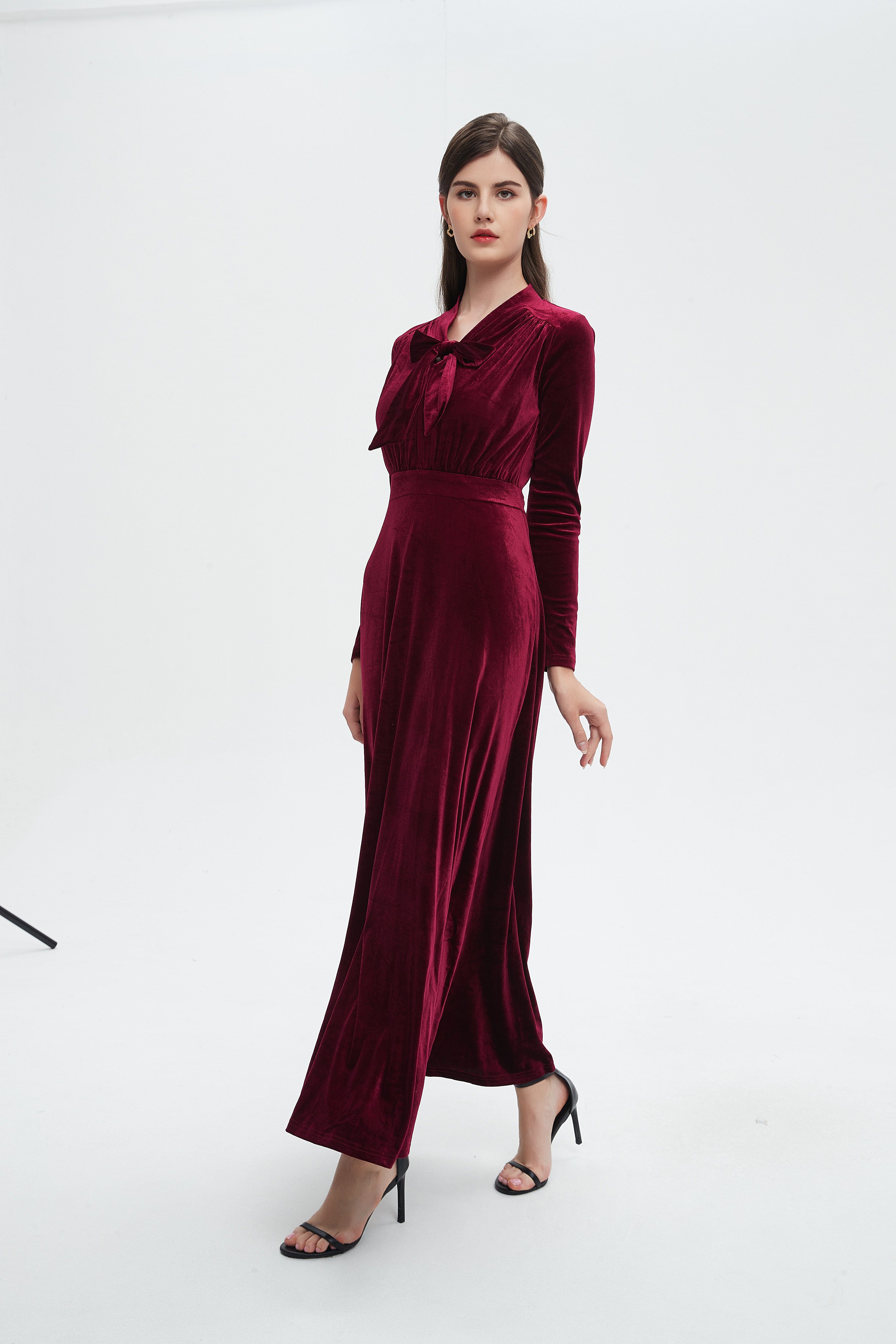 نتشي فستان نسائي ماكسي طويل بفيونكة عالرقبة