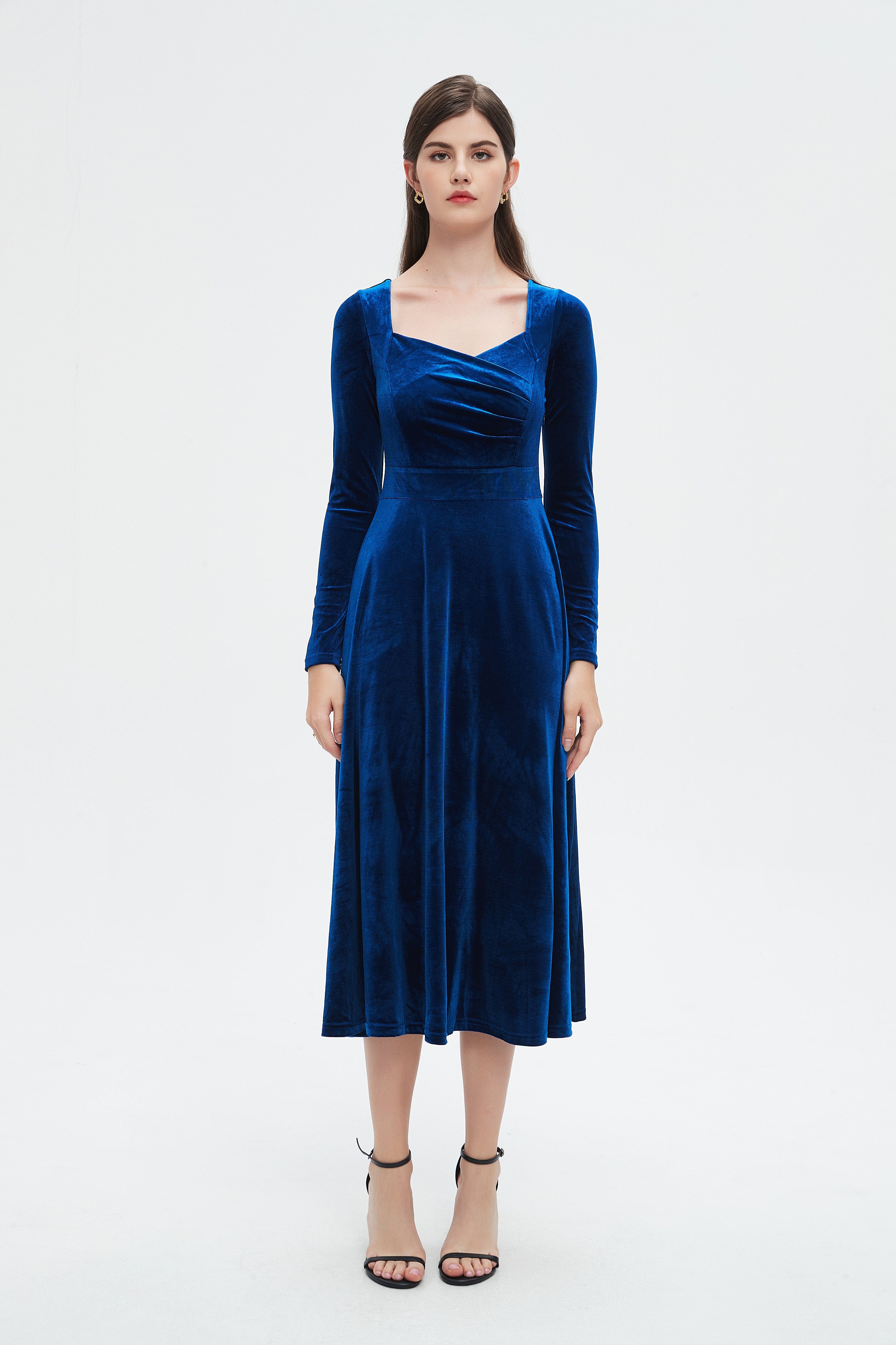 نتشي فستان نسائي ميدي اكمام طويلة وفتحة صدر عريضه