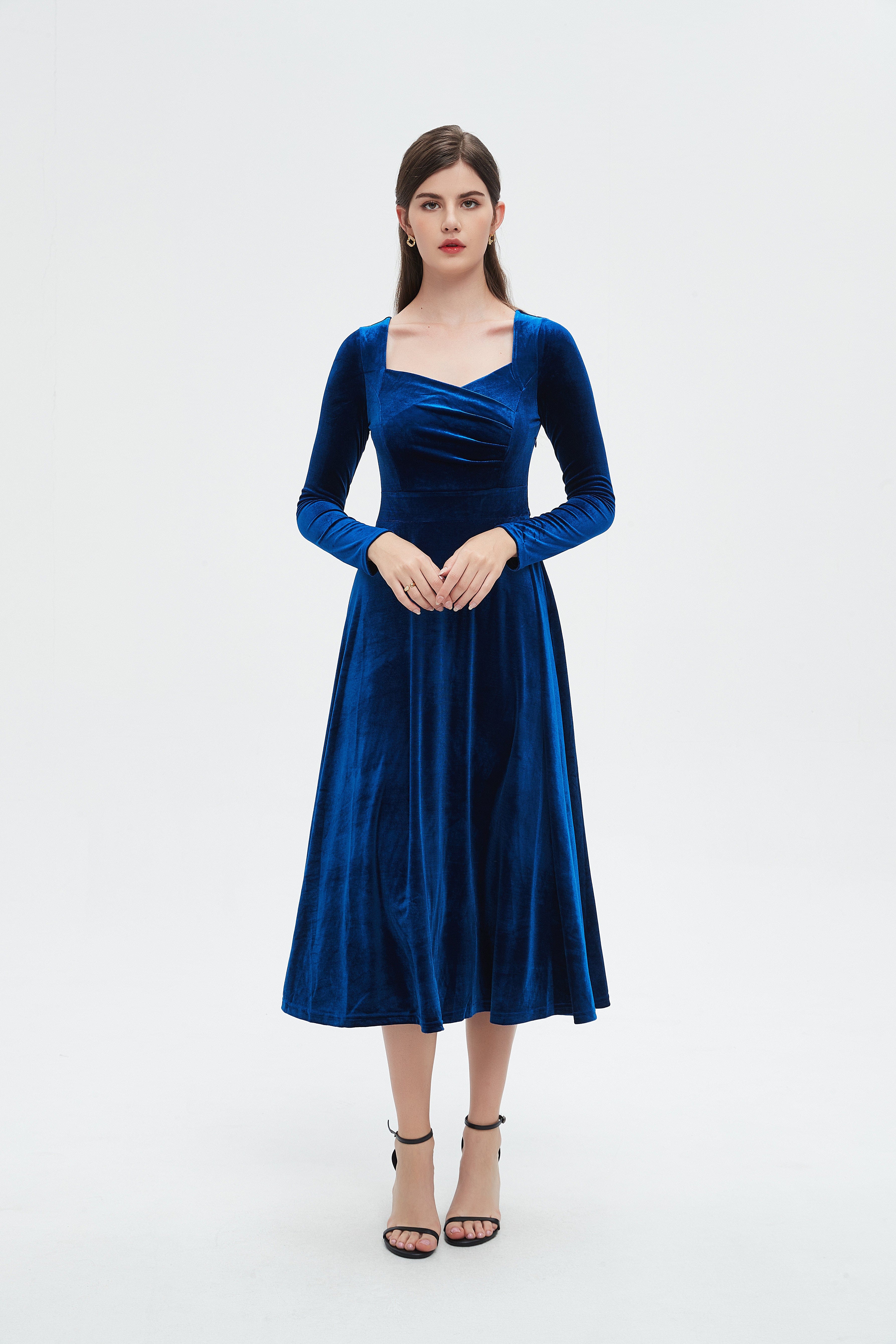 نتشي فستان نسائي ميدي اكمام طويلة وفتحة صدر عريضه