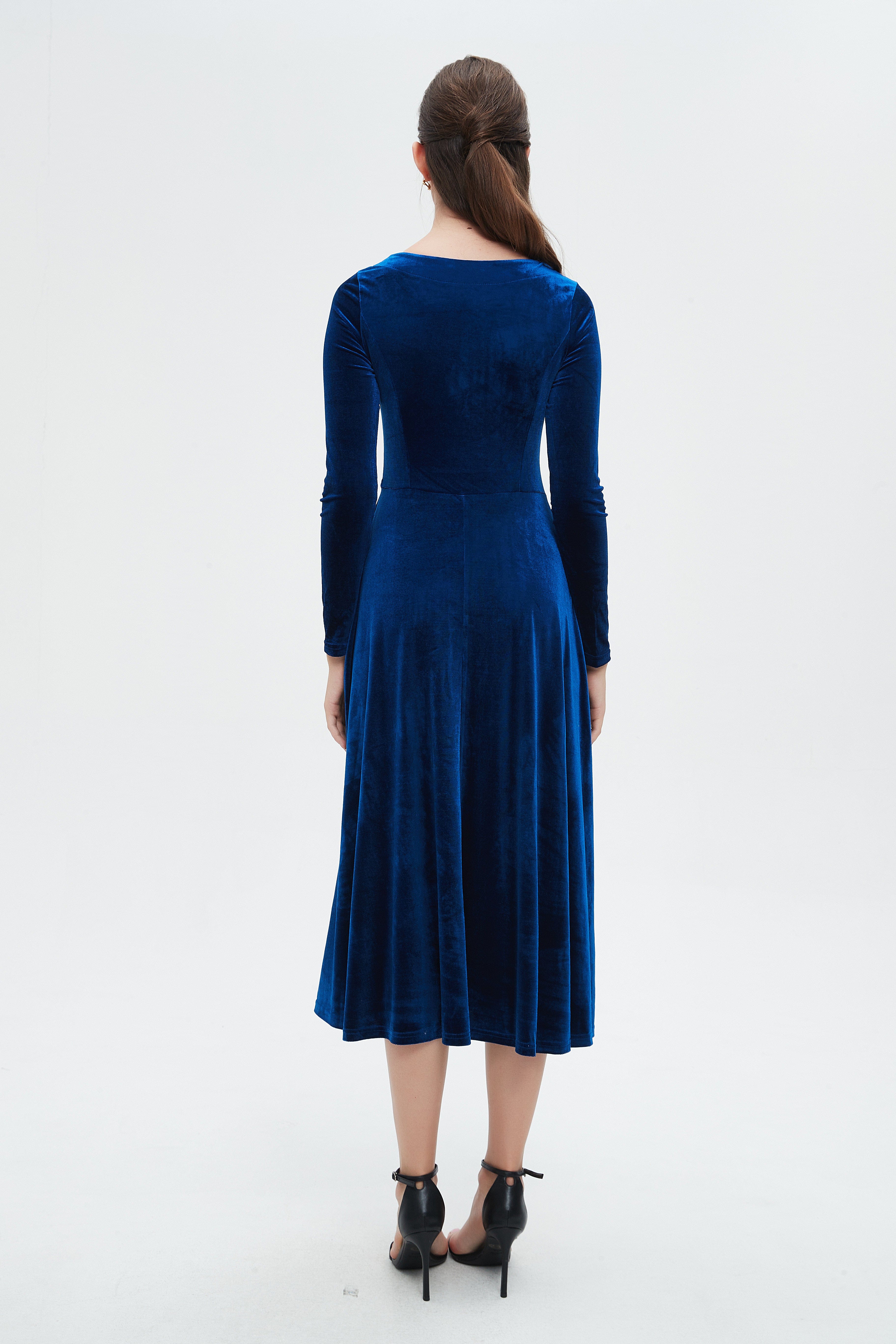 نتشي فستان نسائي ميدي اكمام طويلة وفتحة صدر عريضه