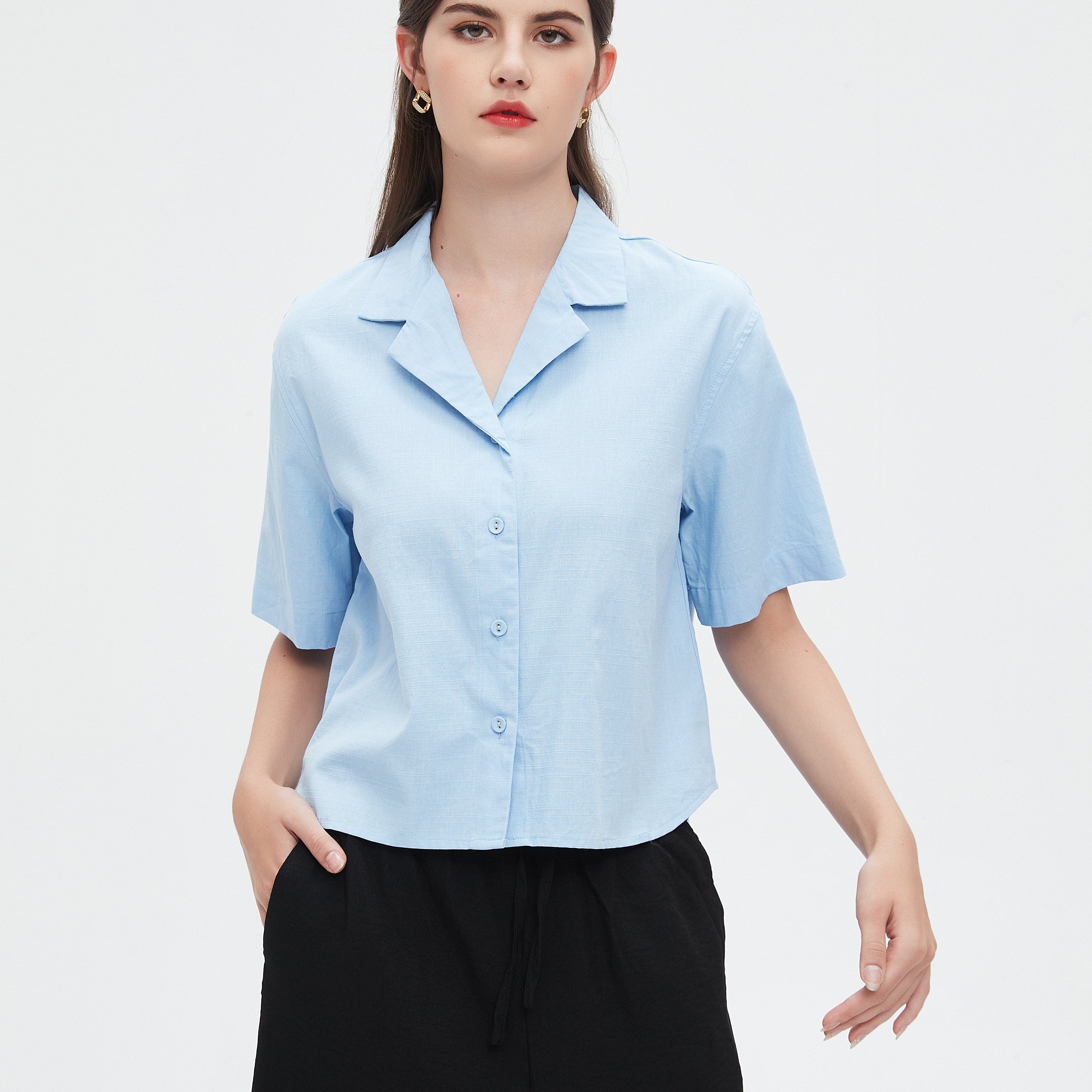 نتشي قميص سادة قصير بأزرار أمامية أكمام قصيرة