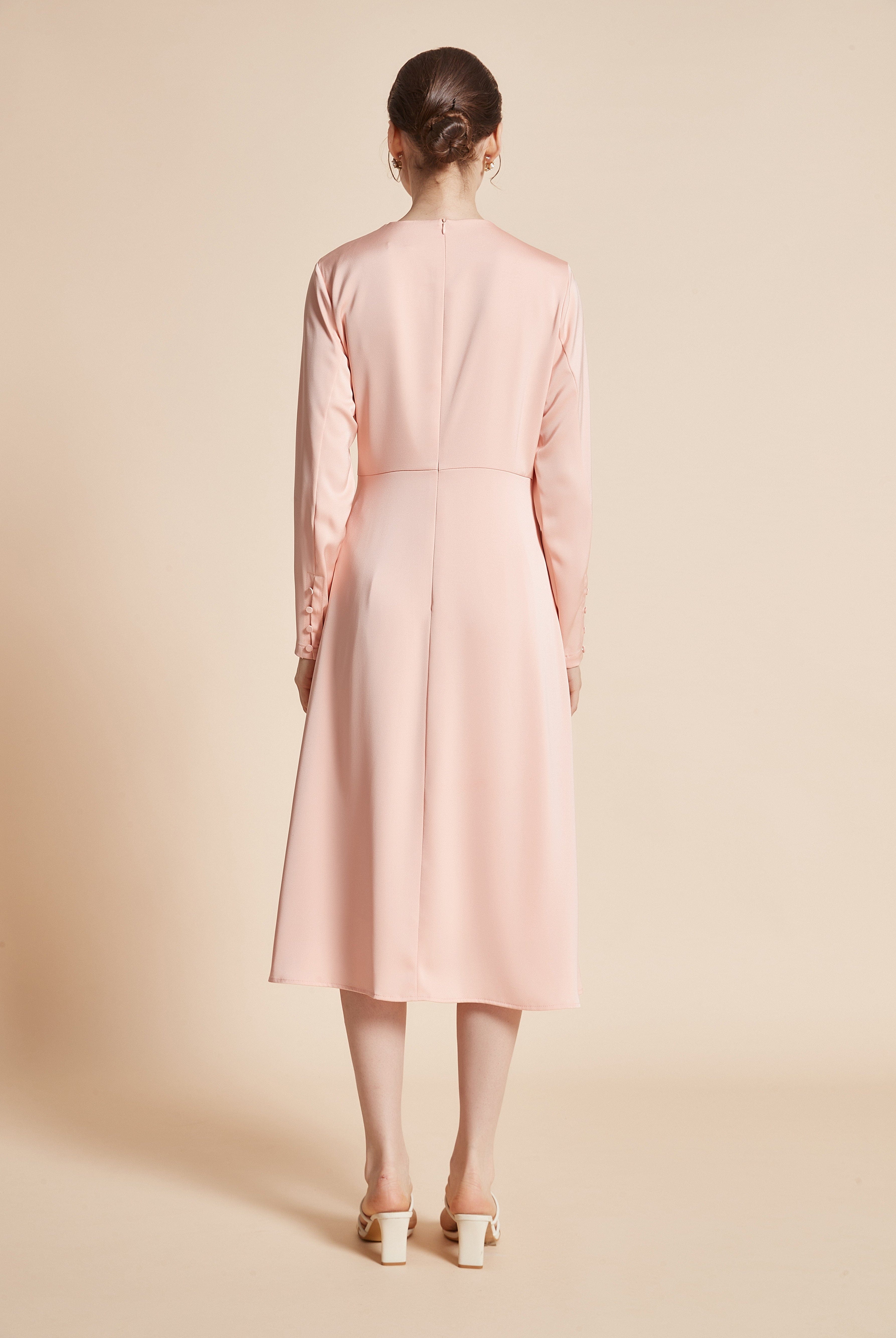 يولا فستان نسائي ميدي سادة بقصة لف وأكمام طويلة