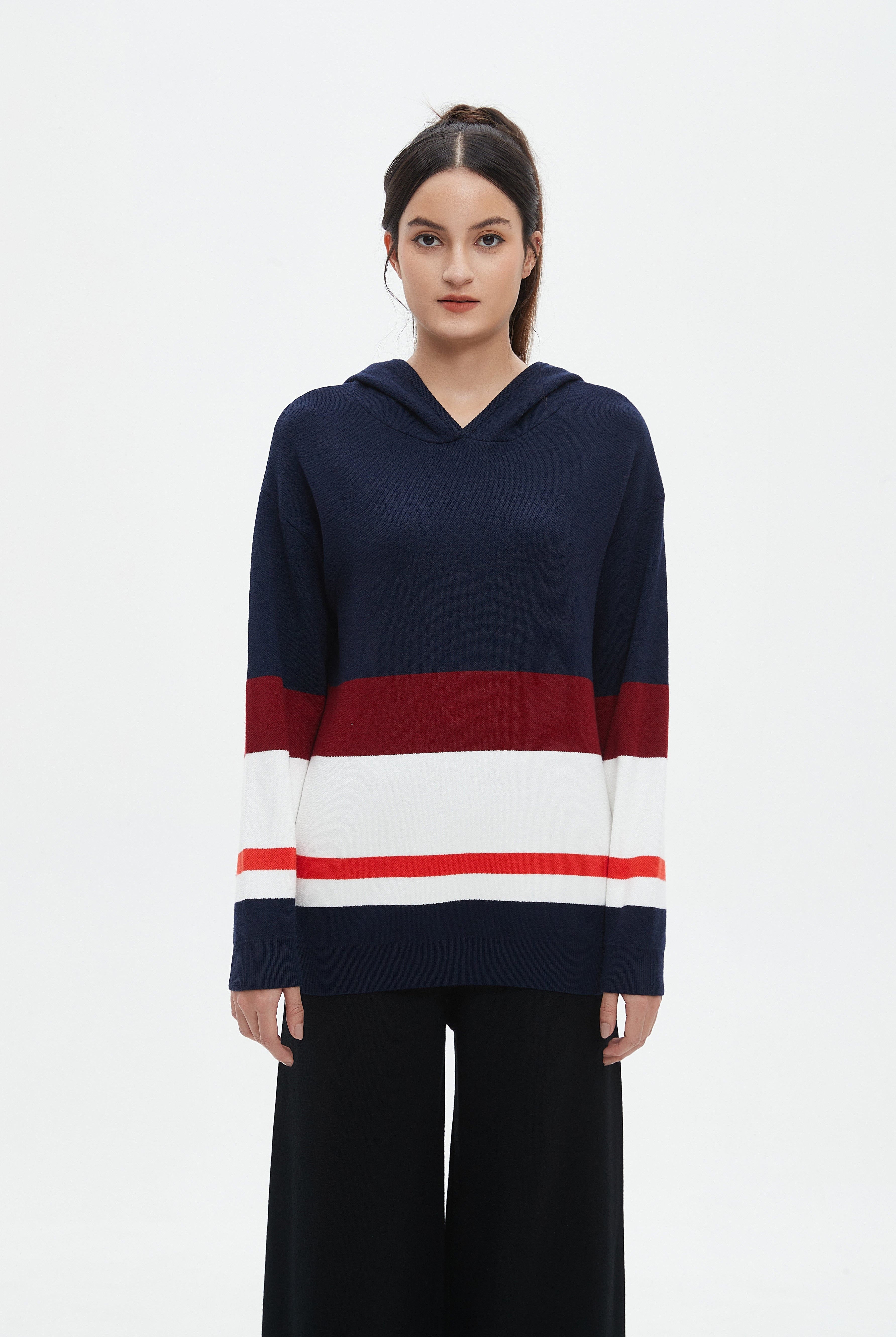 نتشي بلوفر مخطط بالعرض كم طويل بقبعة نسائي