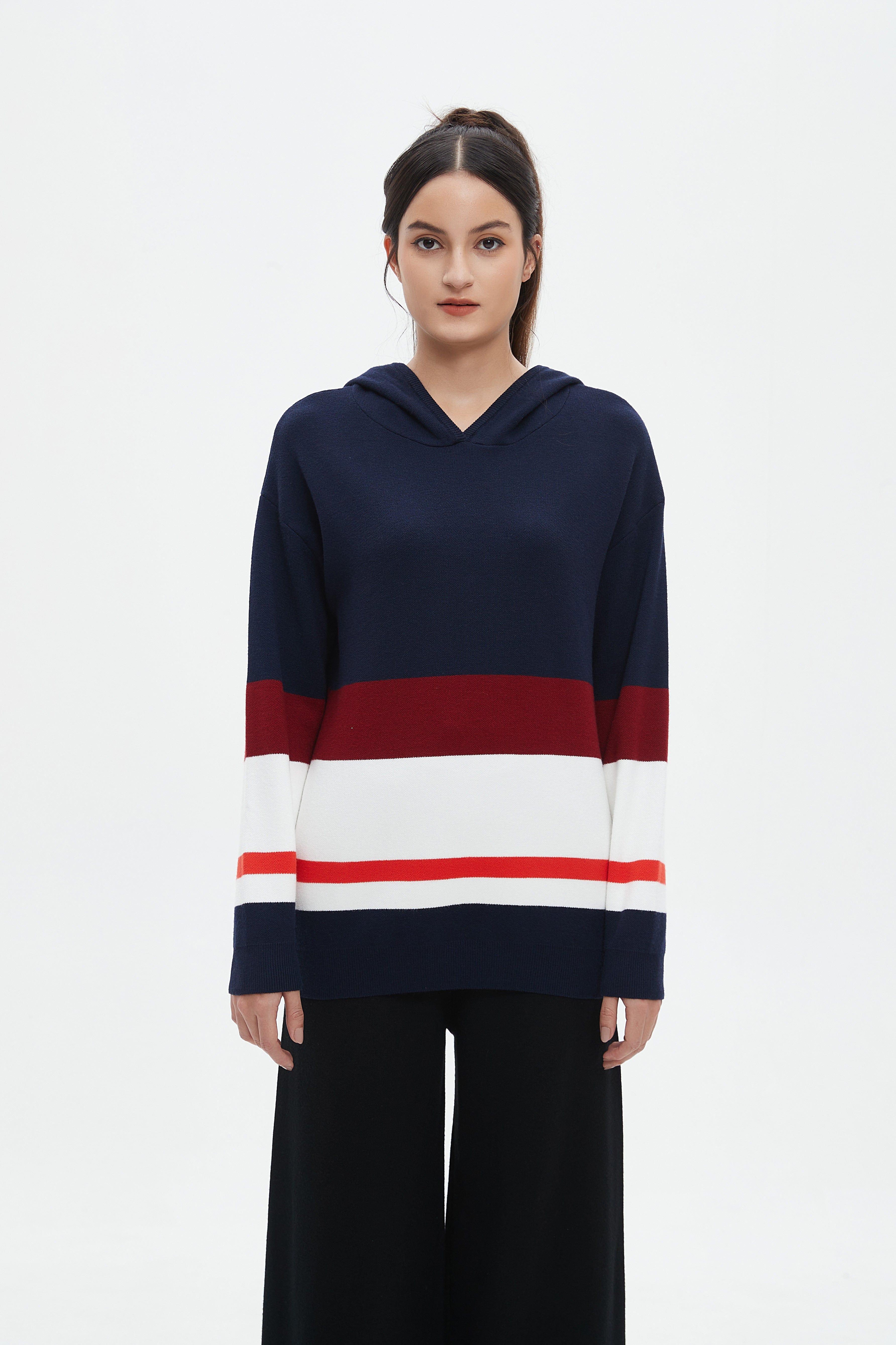 نتشي بلوفر مخطط بالعرض كم طويل بقبعة نسائي