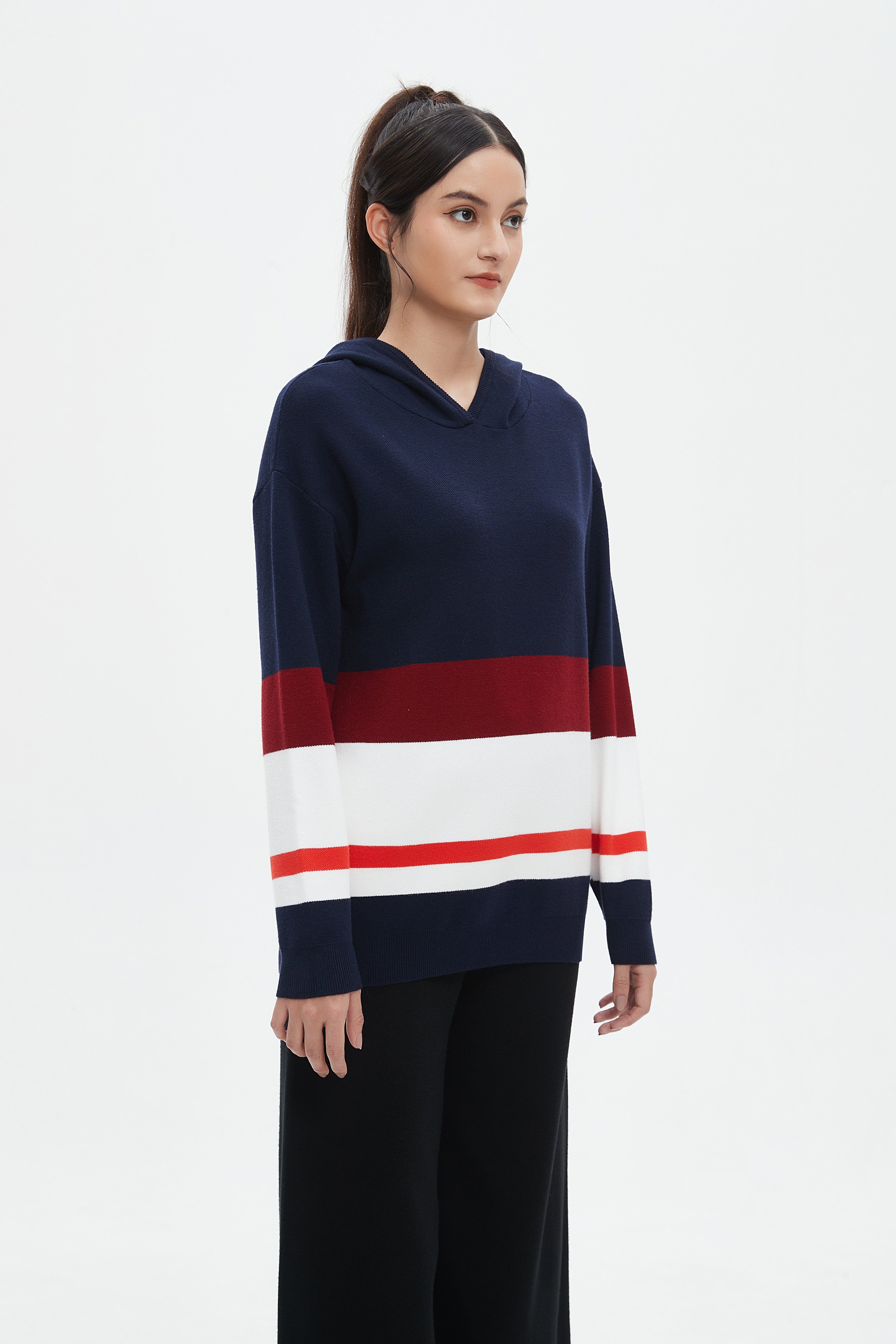 نتشي بلوفر مخطط بالعرض كم طويل بقبعة نسائي