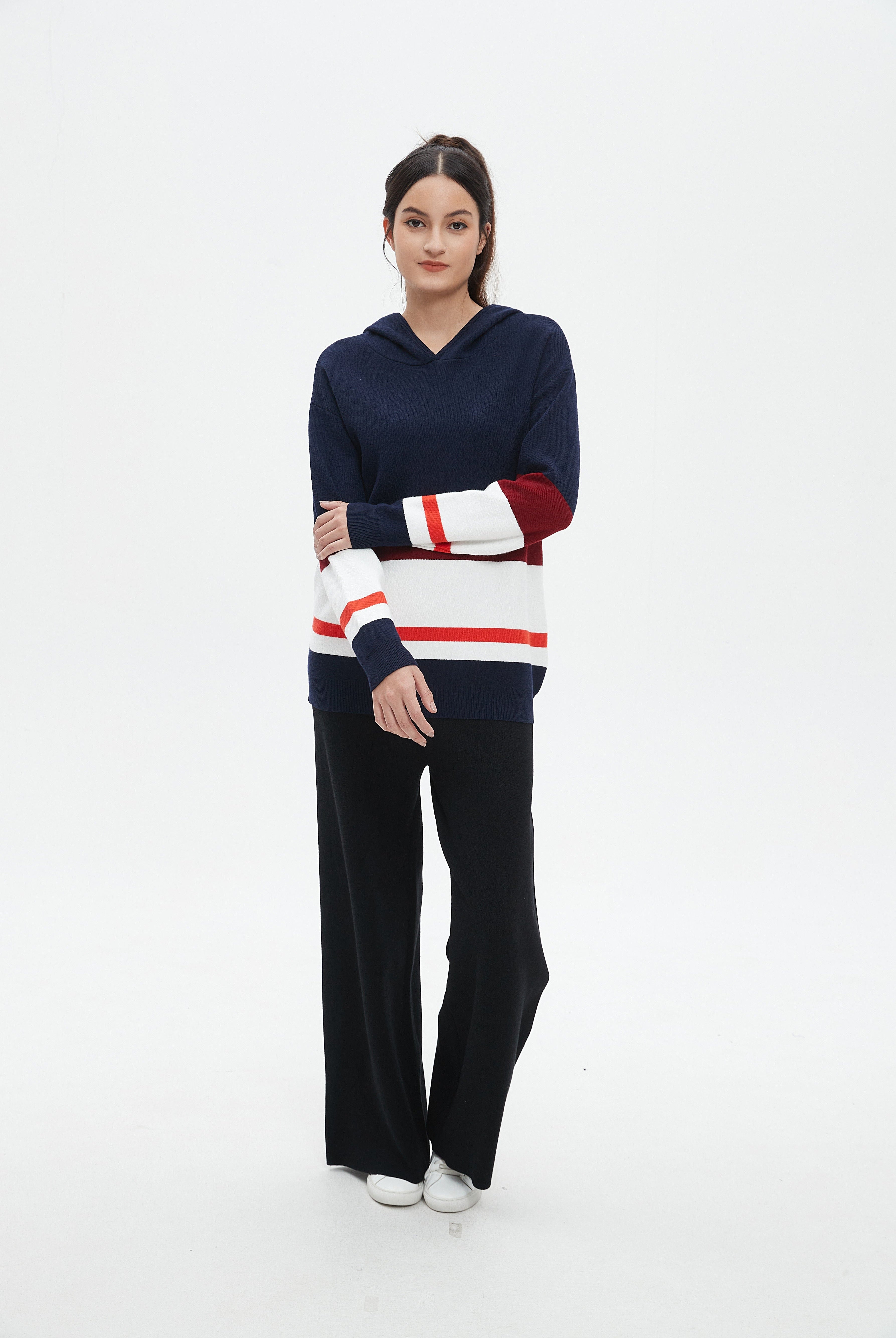 نتشي بلوفر مخطط بالعرض كم طويل بقبعة نسائي