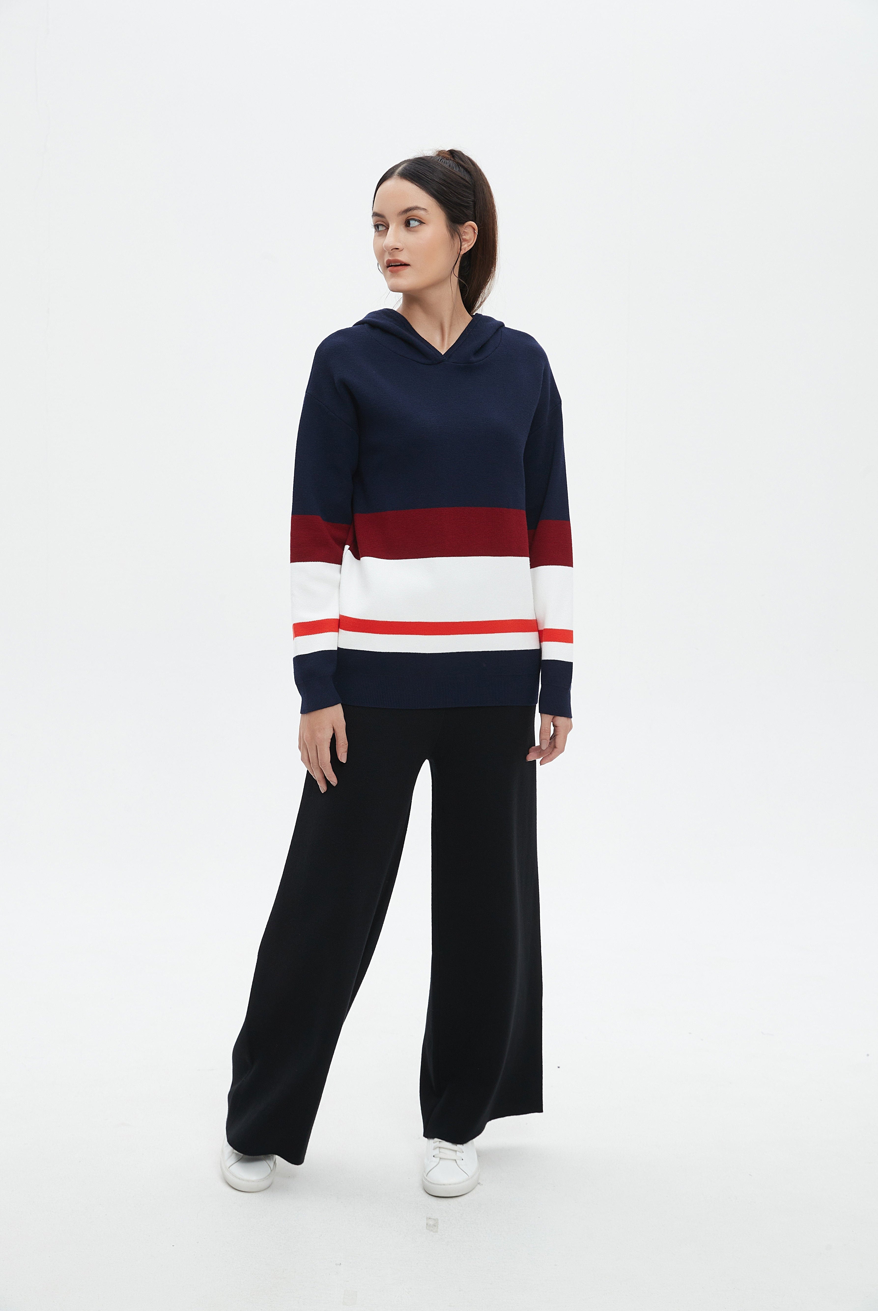 نتشي بلوفر مخطط بالعرض كم طويل بقبعة نسائي