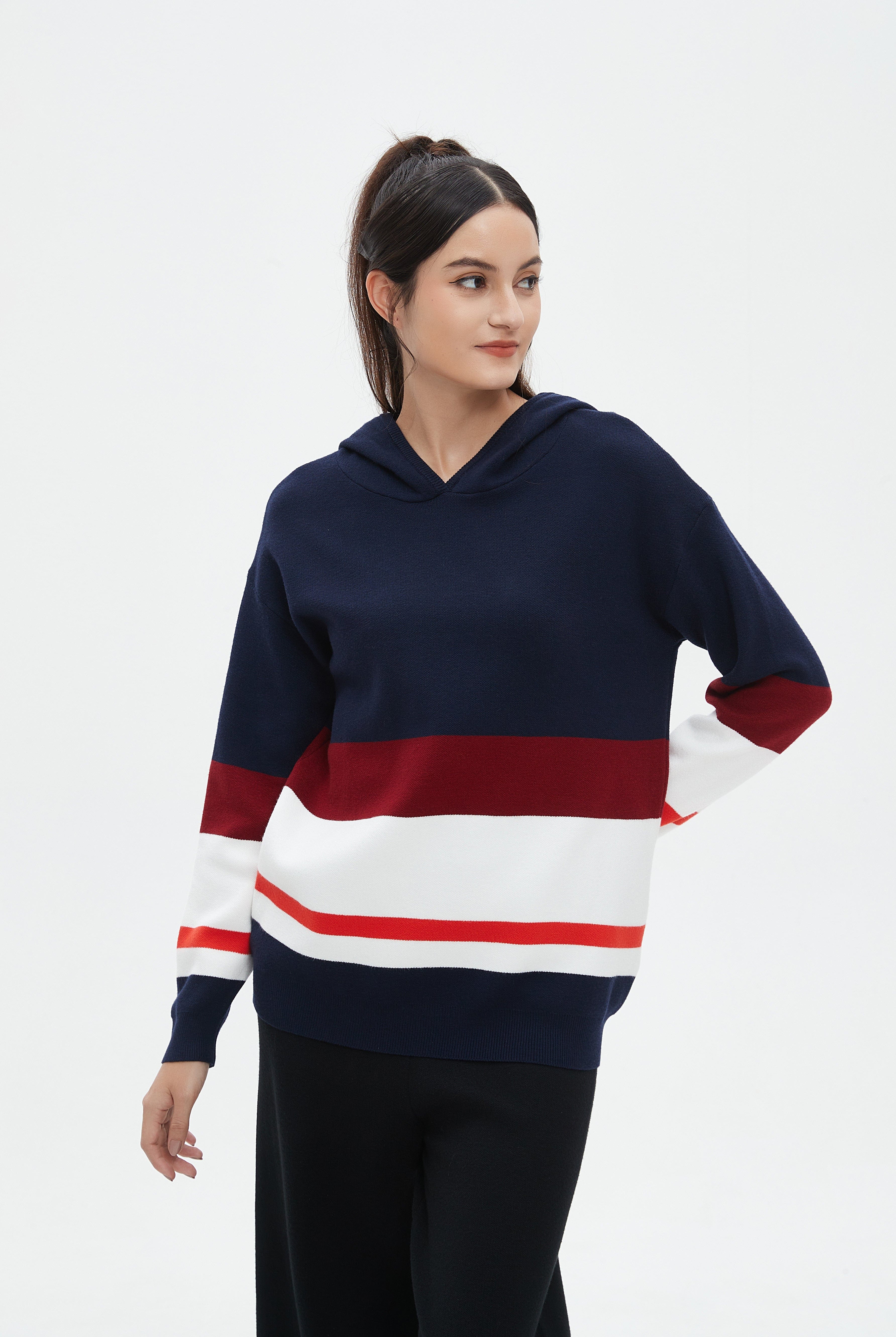 نتشي بلوفر مخطط بالعرض كم طويل بقبعة نسائي