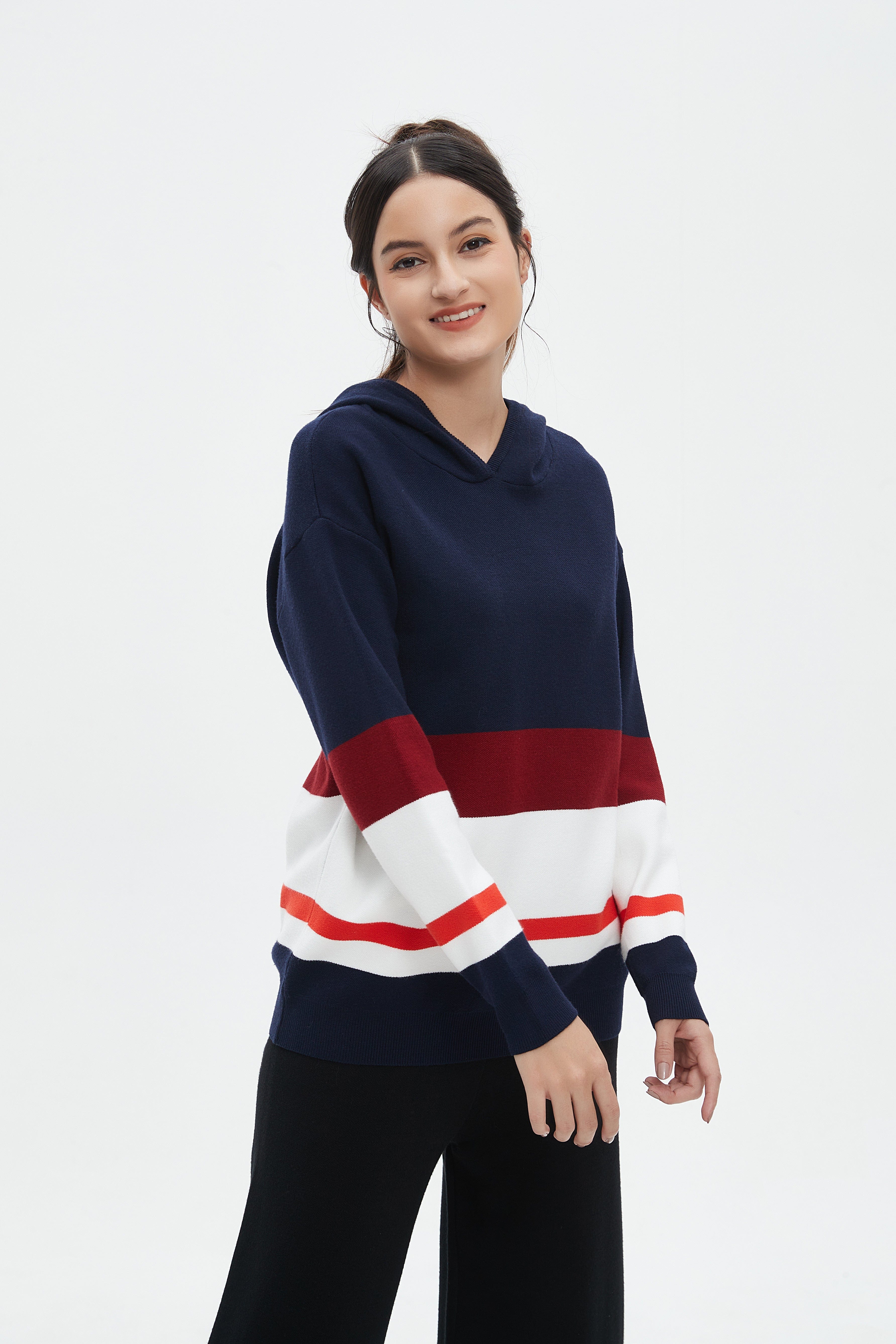 نتشي بلوفر مخطط بالعرض كم طويل بقبعة نسائي